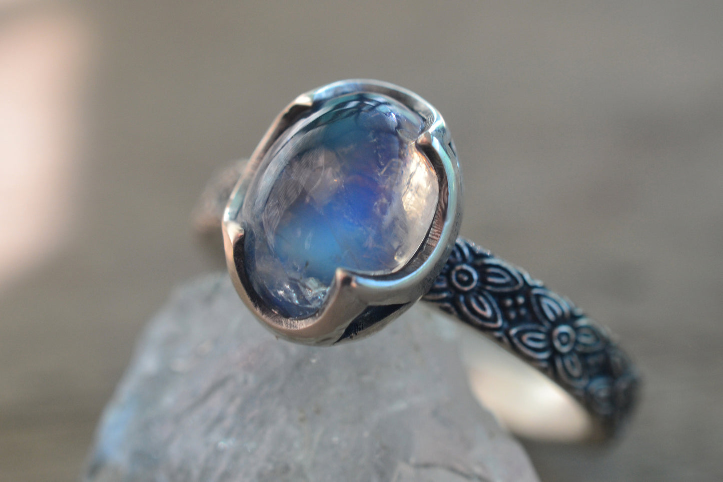 Gothic Rainbow Moonstone Ring in Oxidised Silver