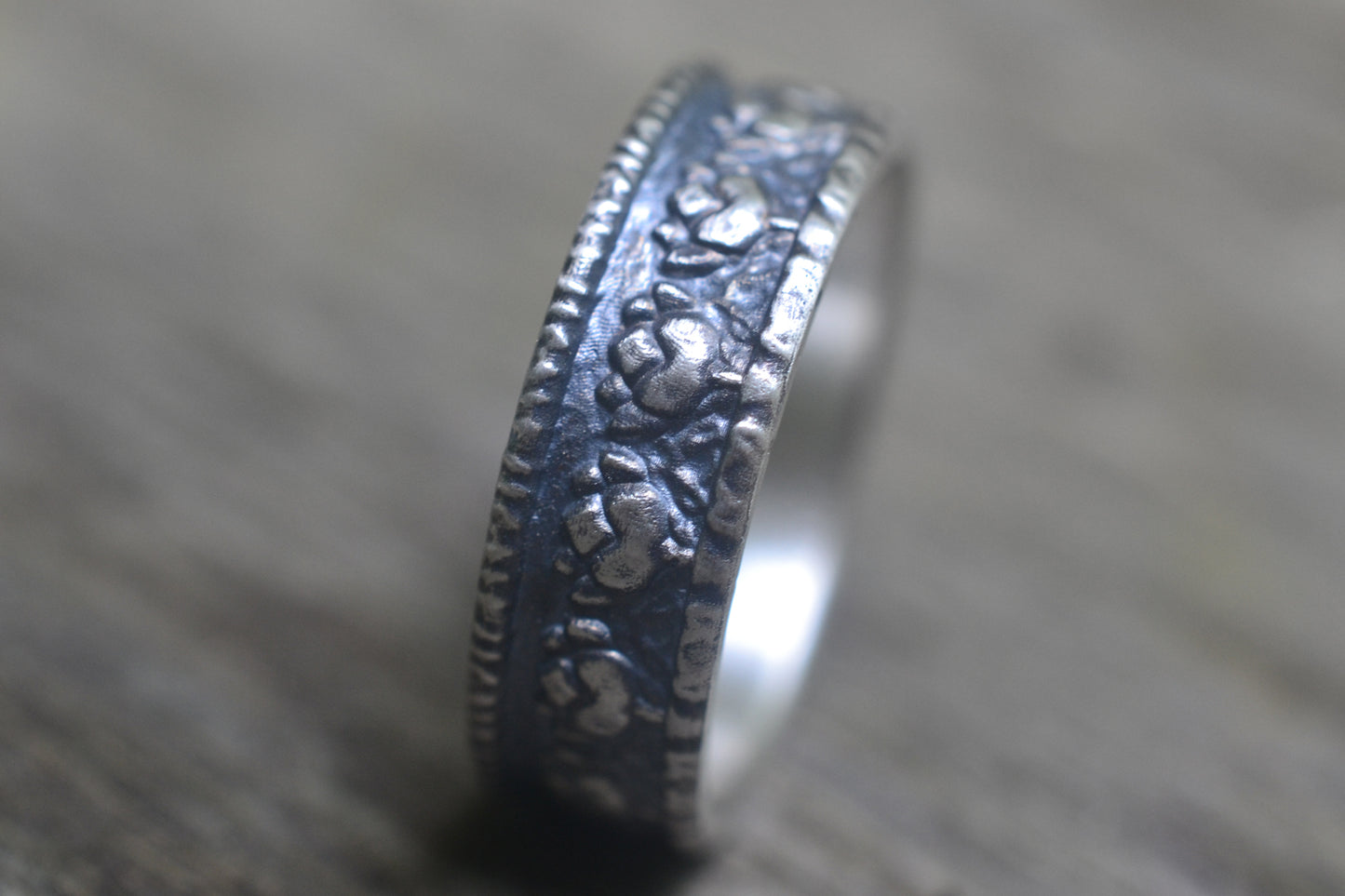 Mens Oxidised Silver Lotus Wedding Band