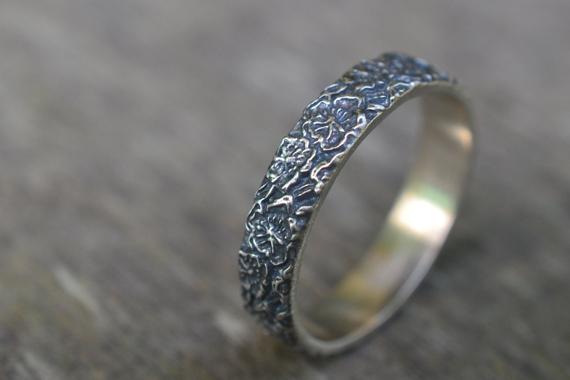 Womens Oxidised Silver Flower Petal Wedding Band