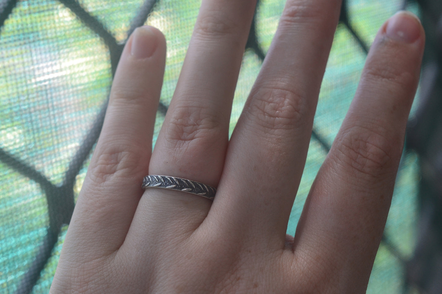 Dainty Oxidised Silver Eucalyptus Wedding Band
