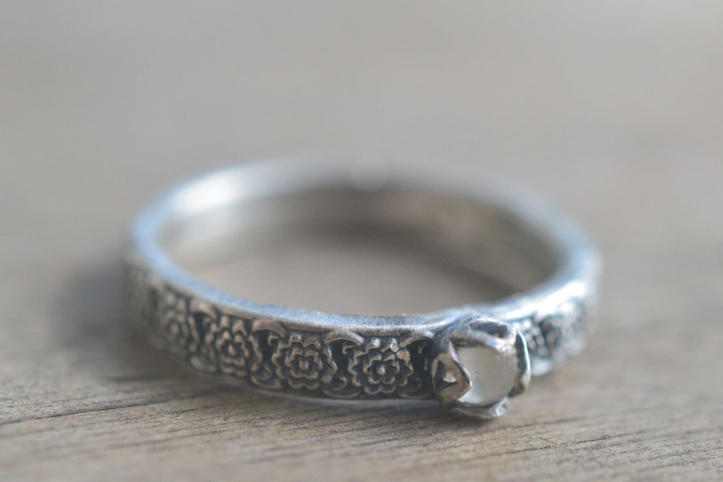 3mm White Moonstone Cabochon Ring With Oxidised Silver FInish