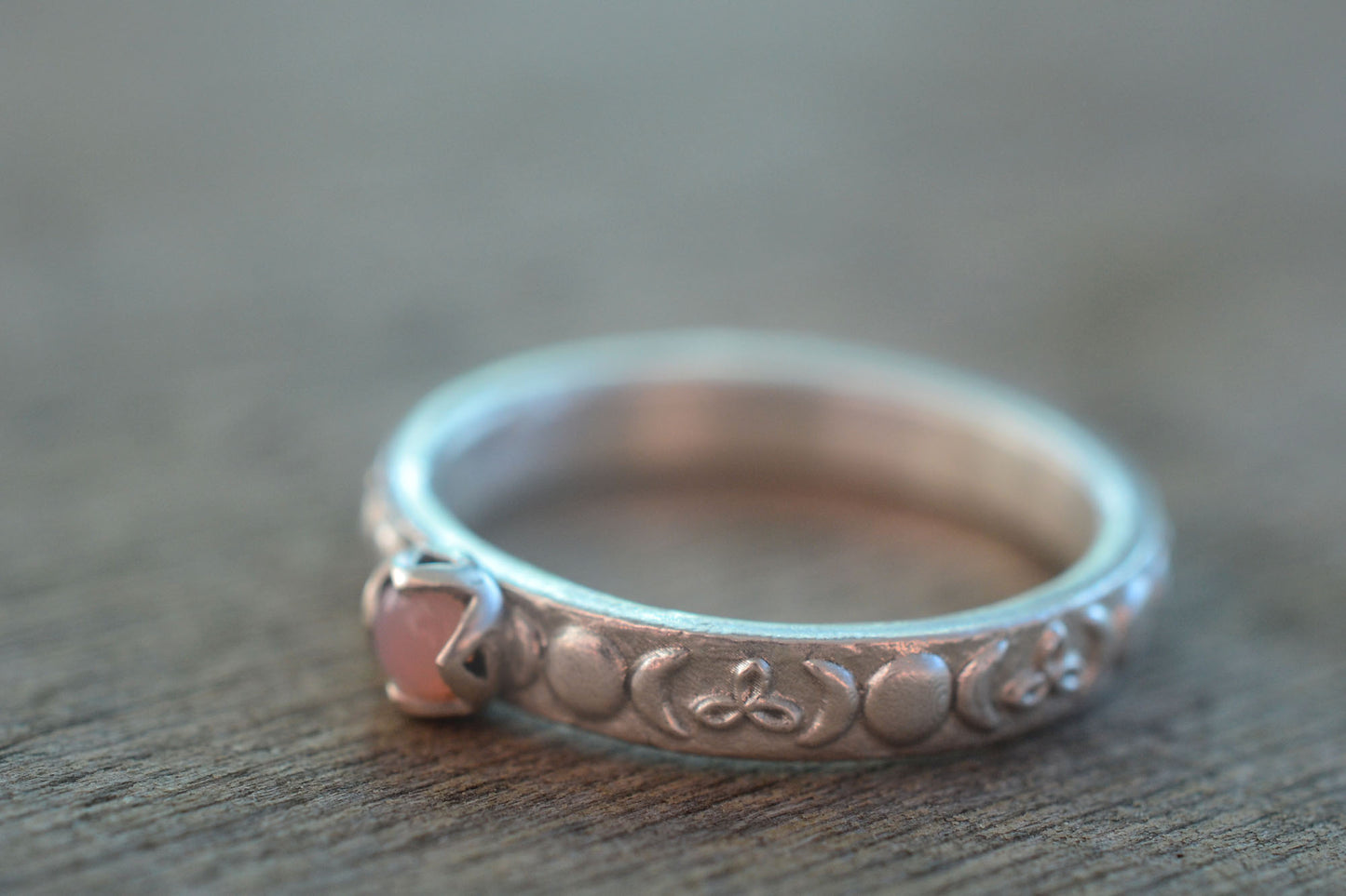 Silver Moon Phase Ring With Natural Pink Stone