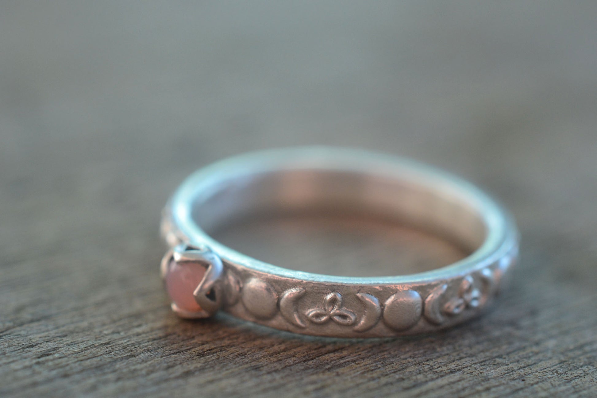 Silver Moon Phase Ring With Natural Pink Stone