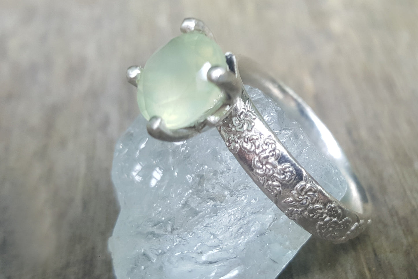 Green Prehnite Crystal Ring in Sterling Silver