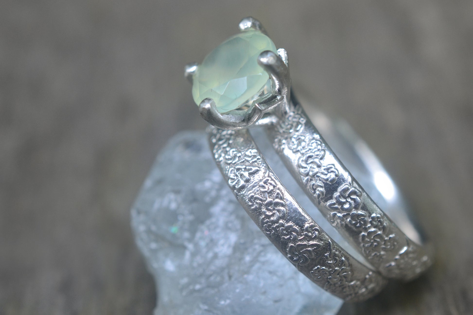 Green Prehnite Wedding Set in Floral Silver
