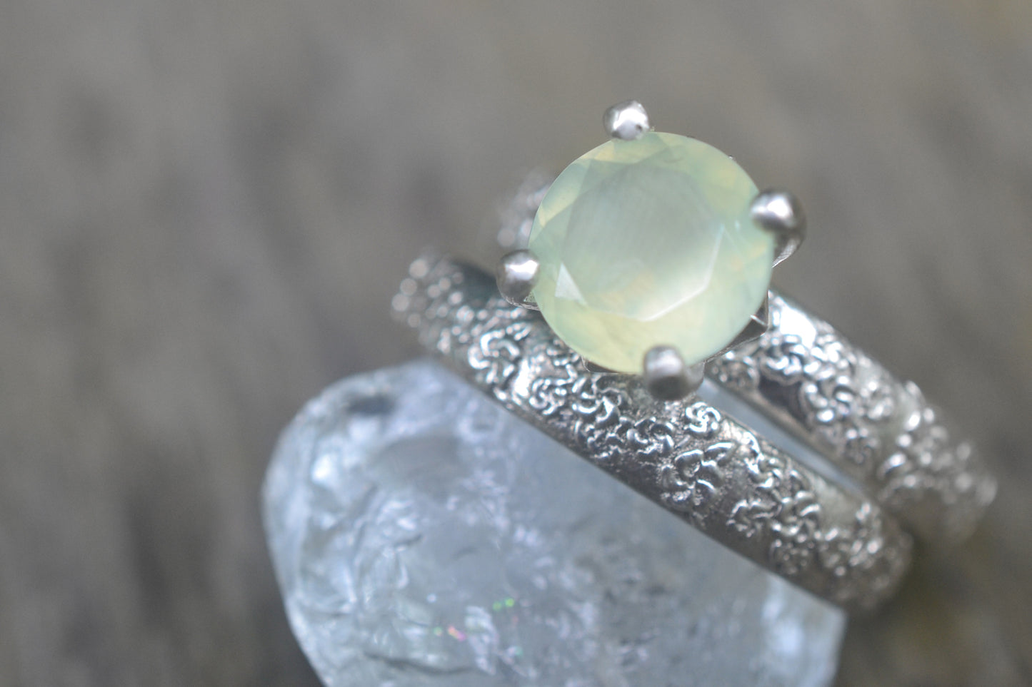 Prehnite Engagement Ring & Silver Wedding Band
