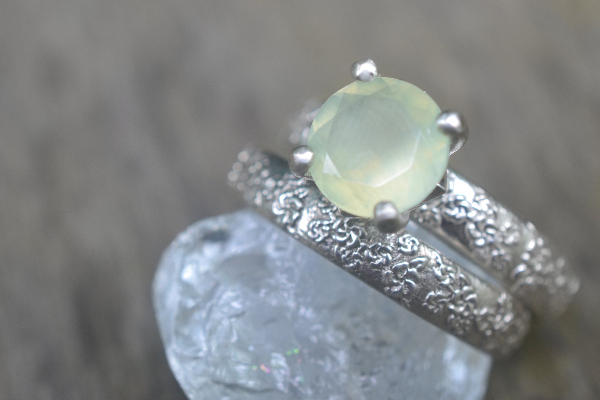 Prehnite Engagement Ring & Silver Wedding Band