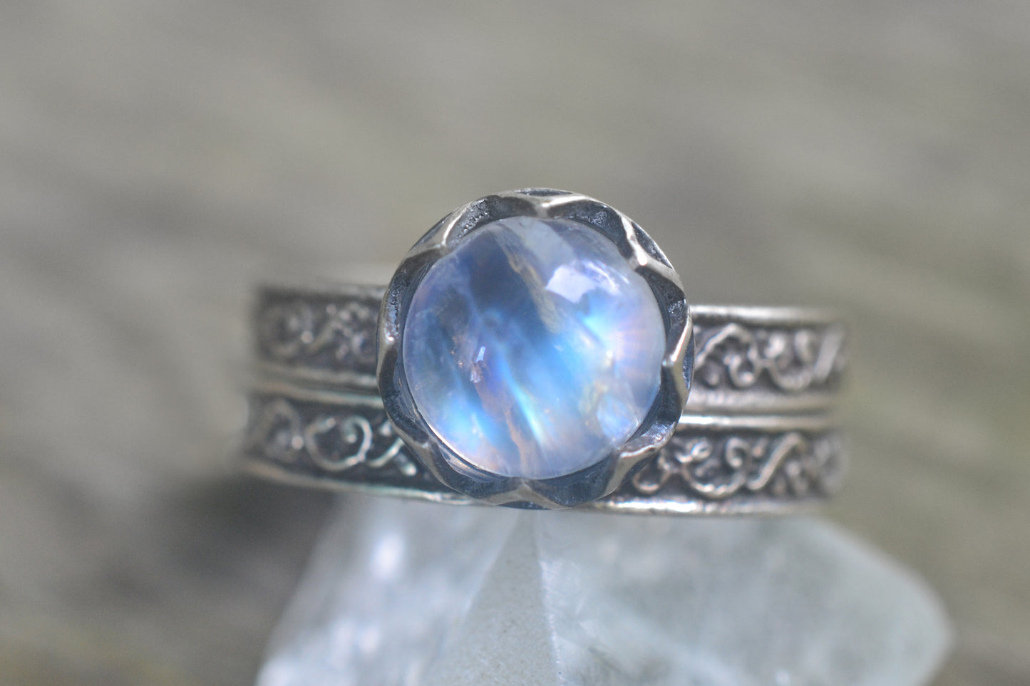 Bezel Set Rainbow Moonstone Wedding Band Set