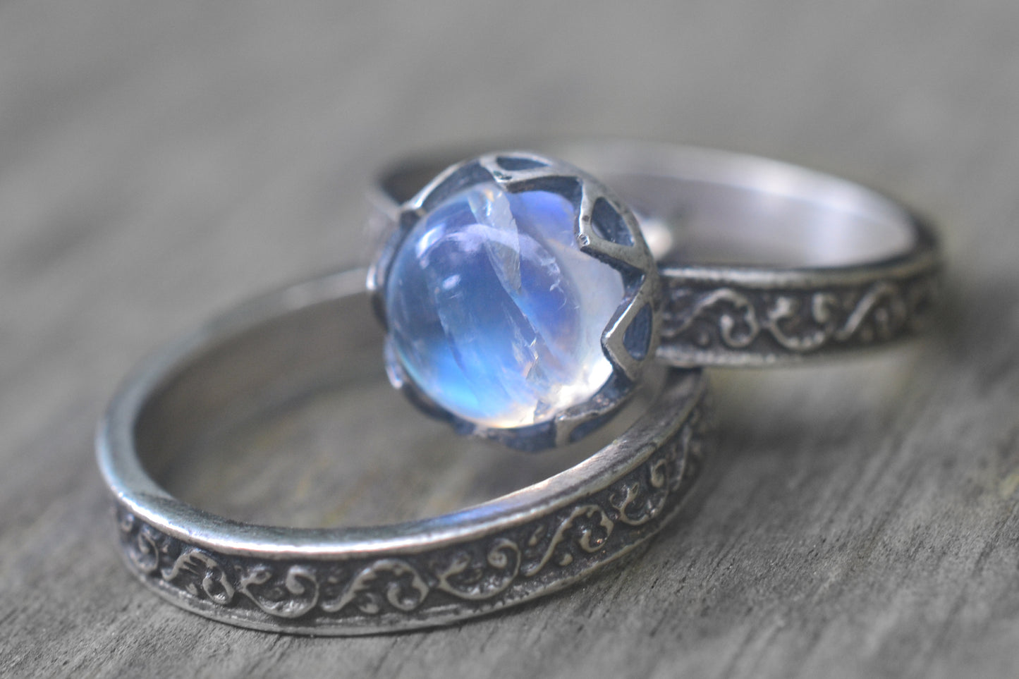 Oxidised Silver Leaf Wedding Band Set With Rainbow Moonstone