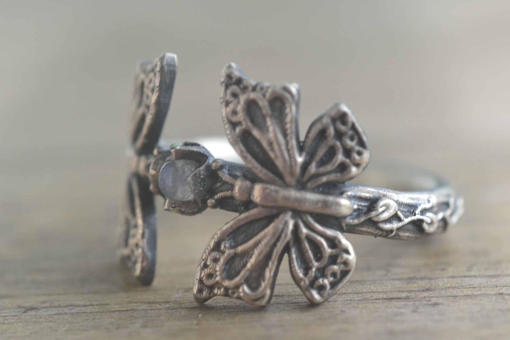 Rainbow Moonstone & Vine Leaf Butterfly Ring