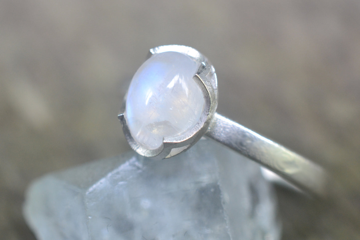 8mm x 6mm Bezel Set Rainbow Moonstone Ring