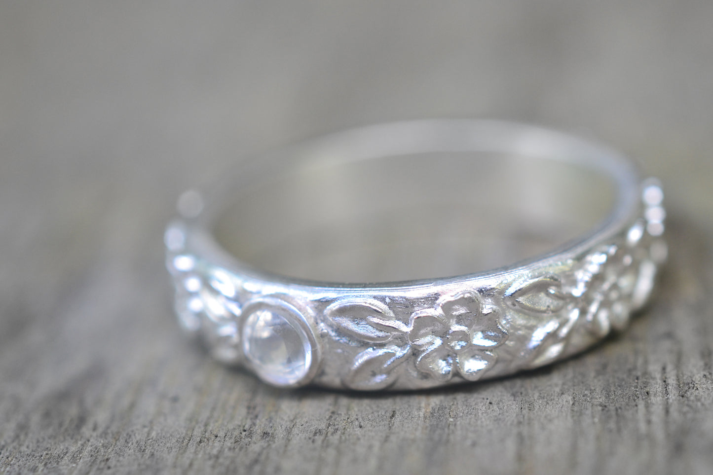 Silver Rose Ring With Faceted Rainbow Moonstone