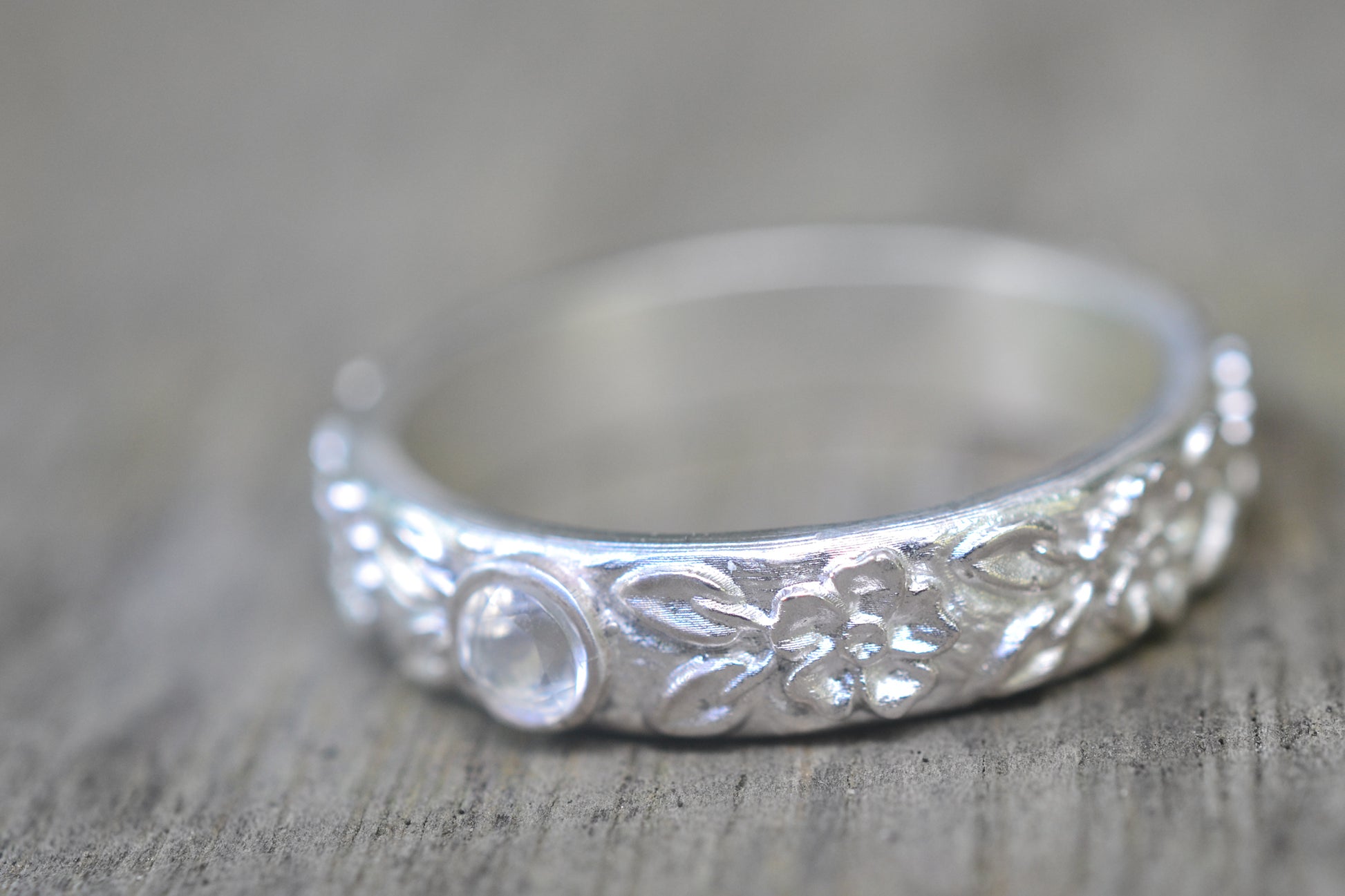 Silver Rose Ring With Faceted Rainbow Moonstone