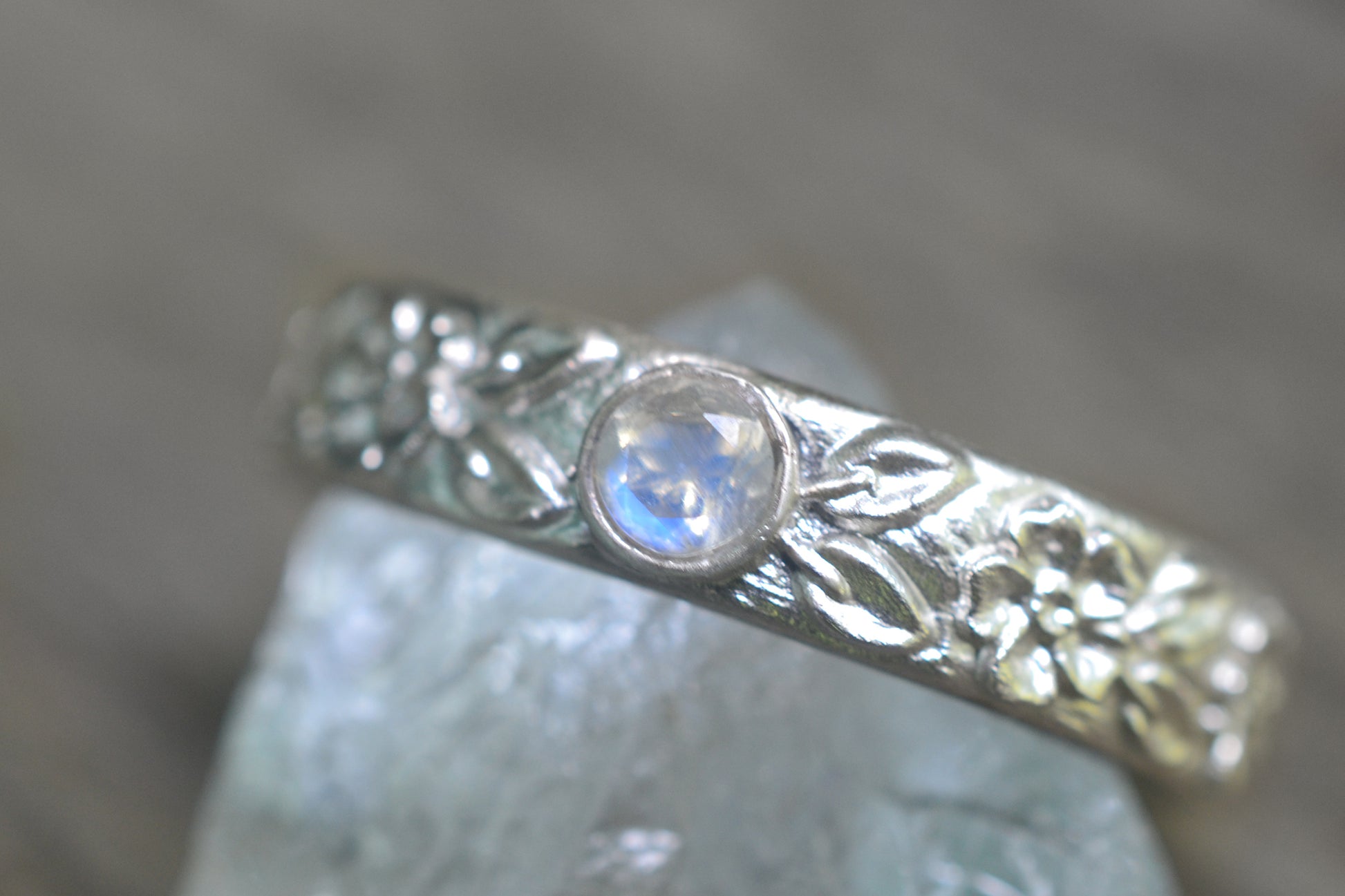 Rainbow Moonstone Wedding Band With Roses