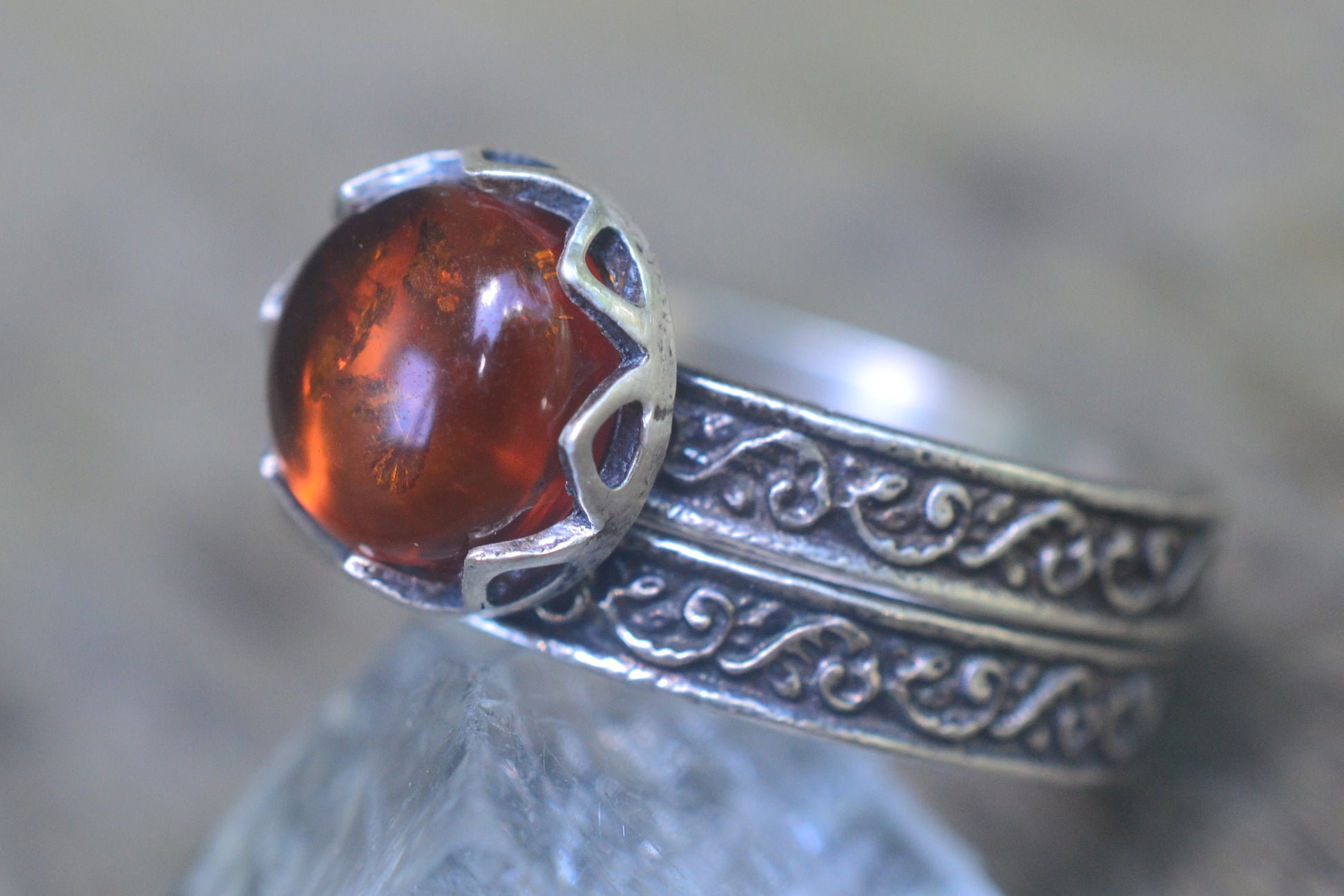 8mm Amber Engagement Ring Set in Silver