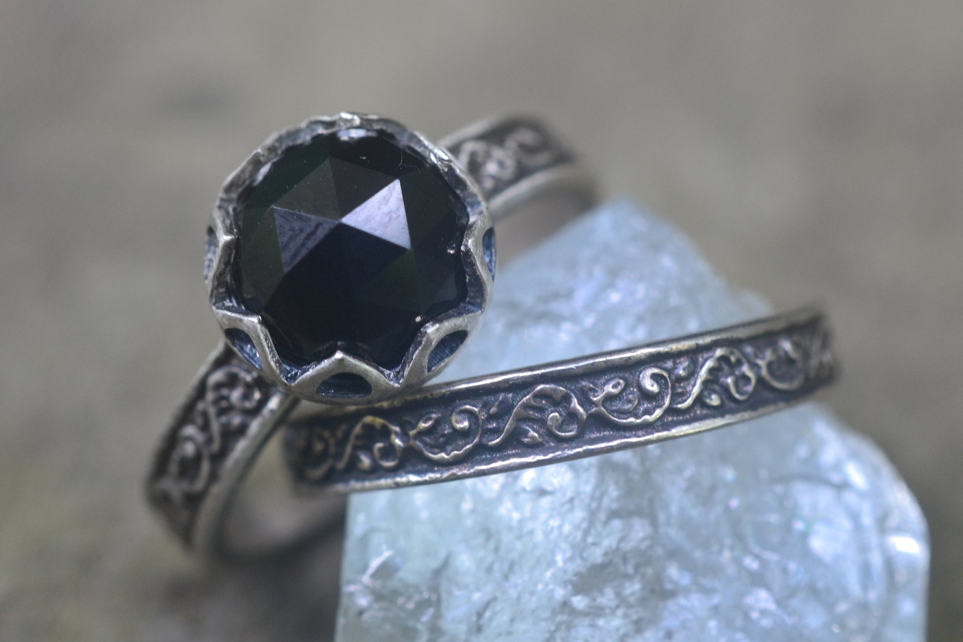 Rose Cut Black Spinel Bridal Ring Set in Silver