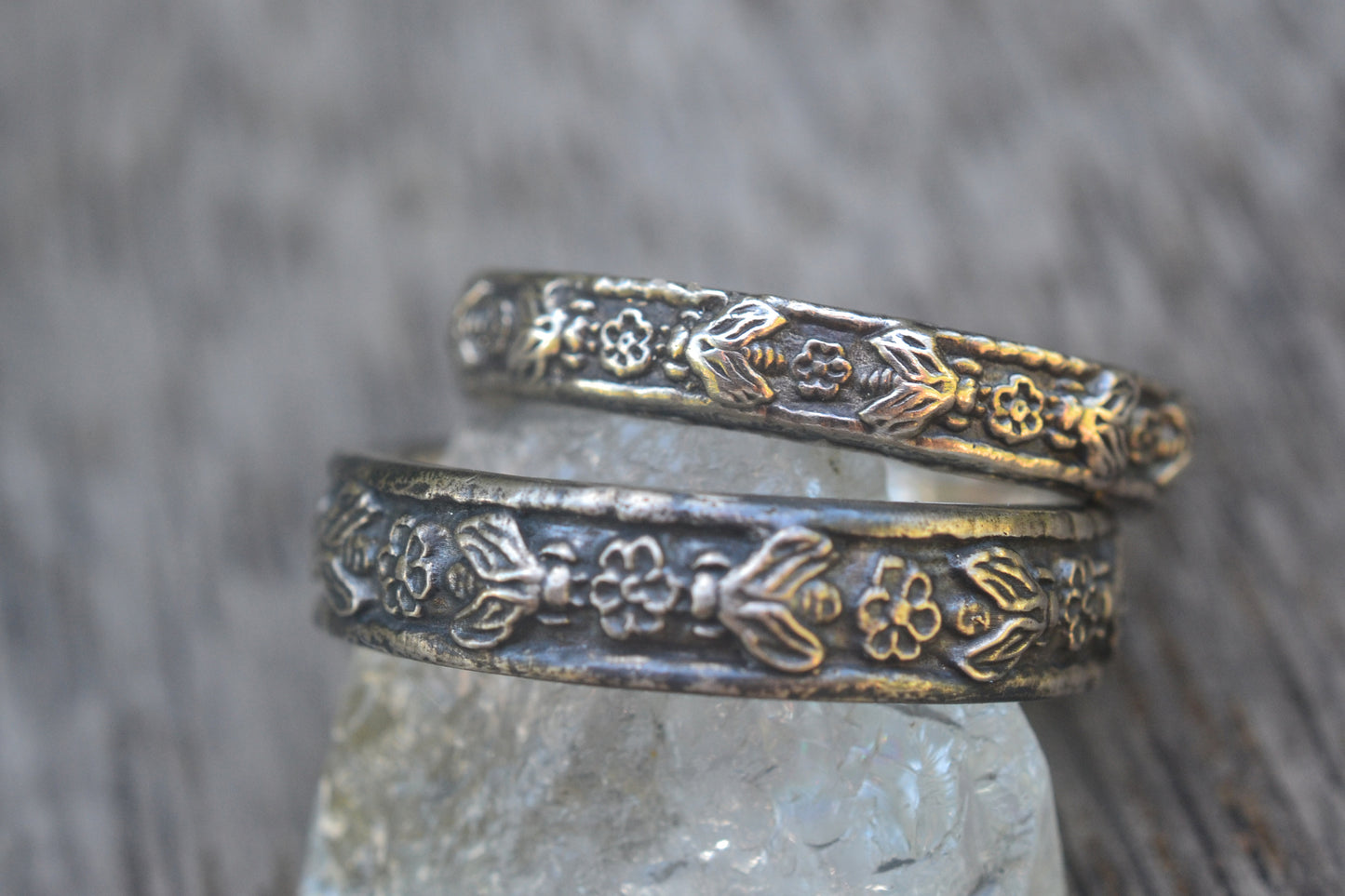 Oxidised Sterling Honeybee & Rose Couples Rings