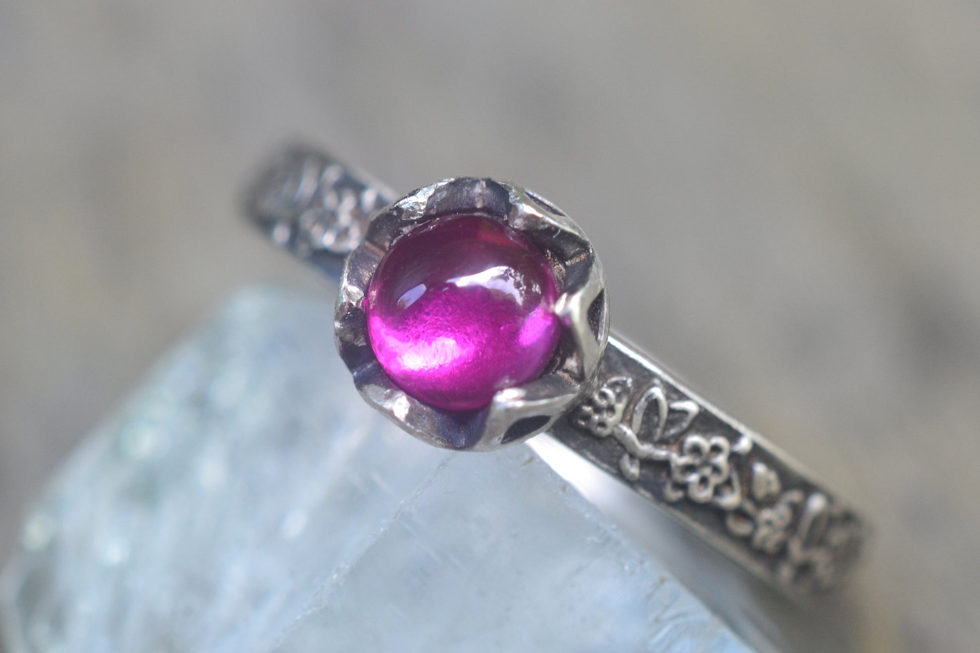 Ruby Ring With Rosebush Pattern Band