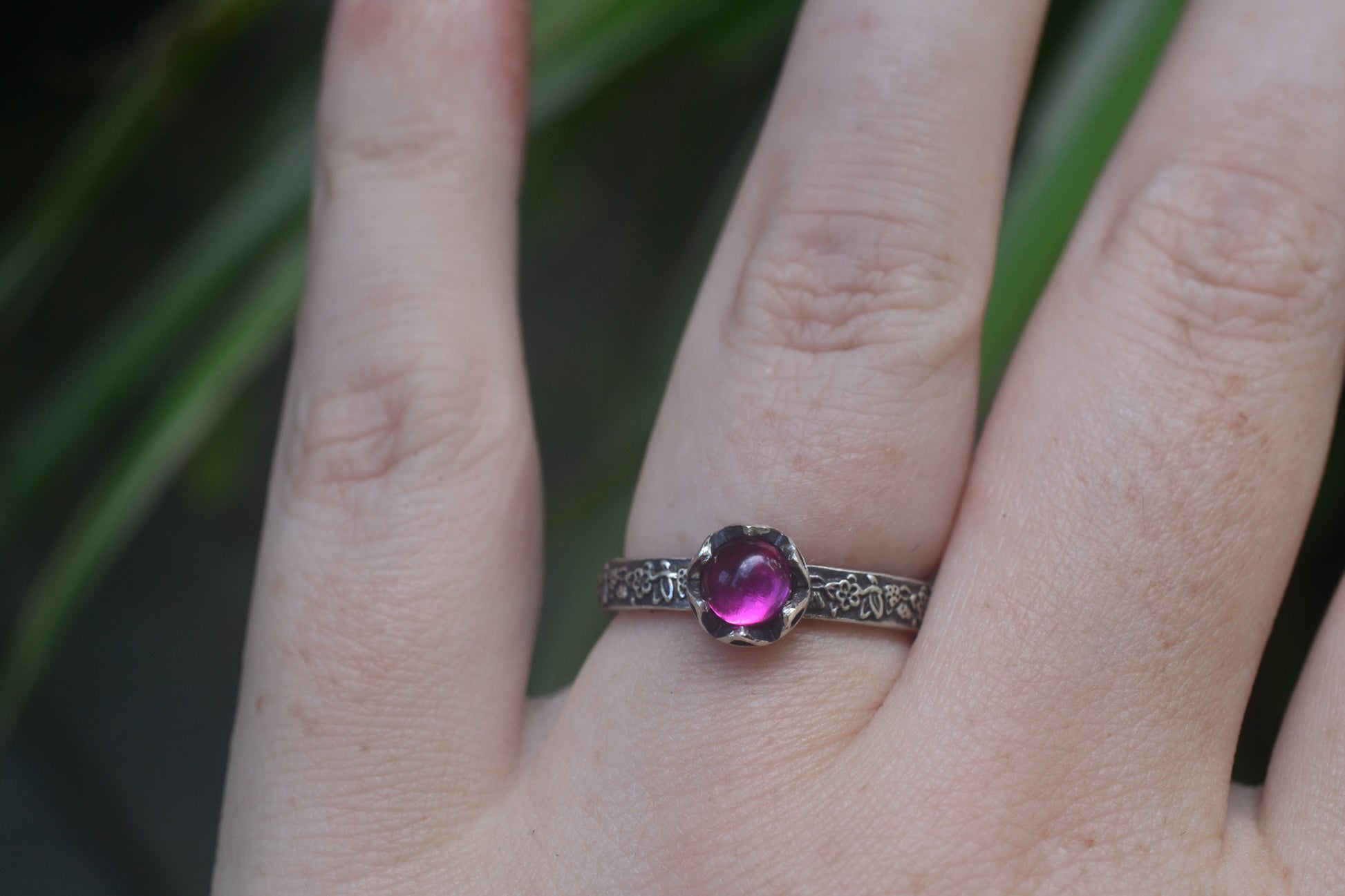 Bezel Set Lab Ruby Stacking Ring in Oxidised Sterling