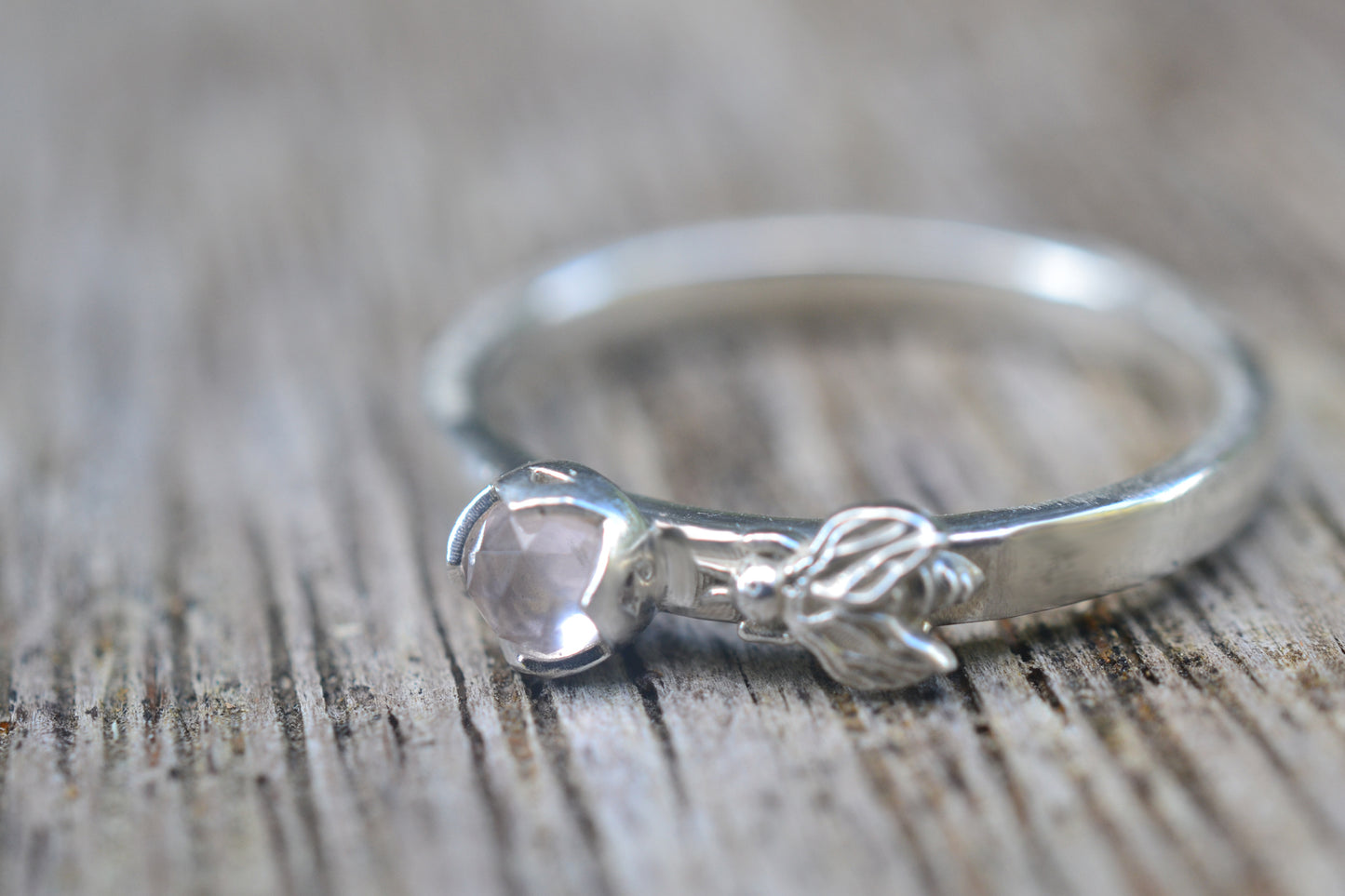 Bezel Set Rose Quartz & Silver Bee Ring