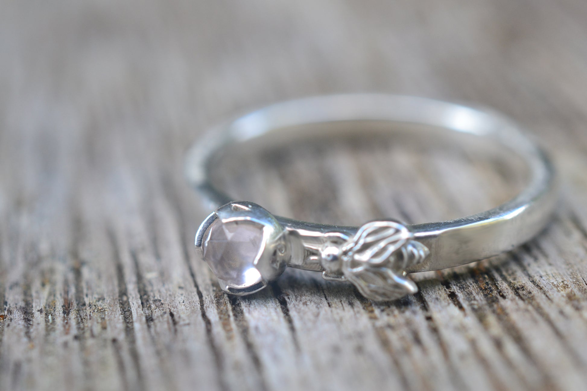 Bezel Set Rose Quartz & Silver Bee Ring