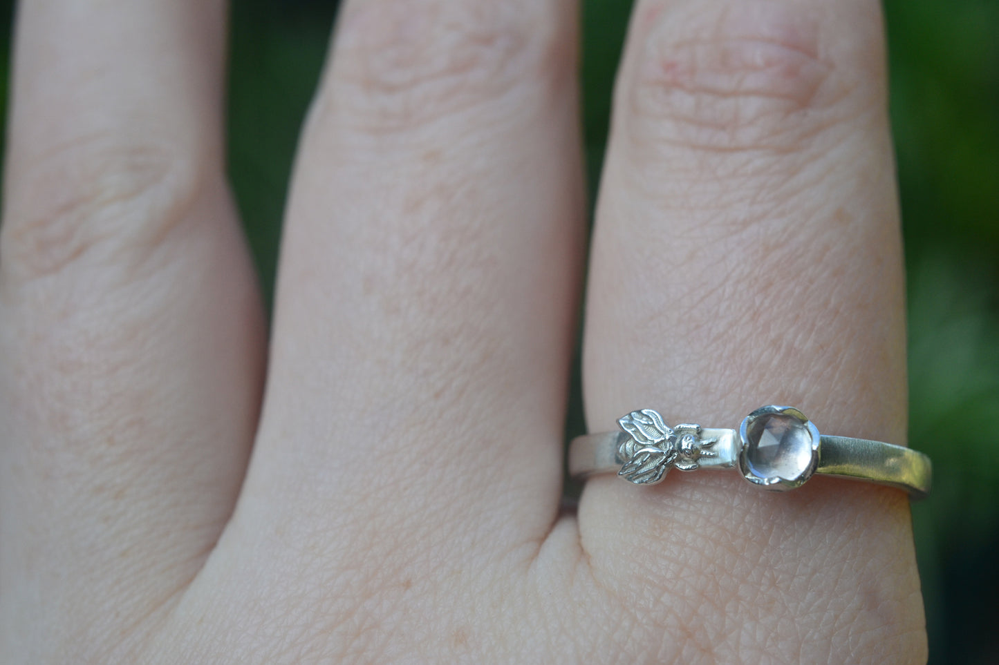 Rose Quartz & Bee Ring in Sterling Silver