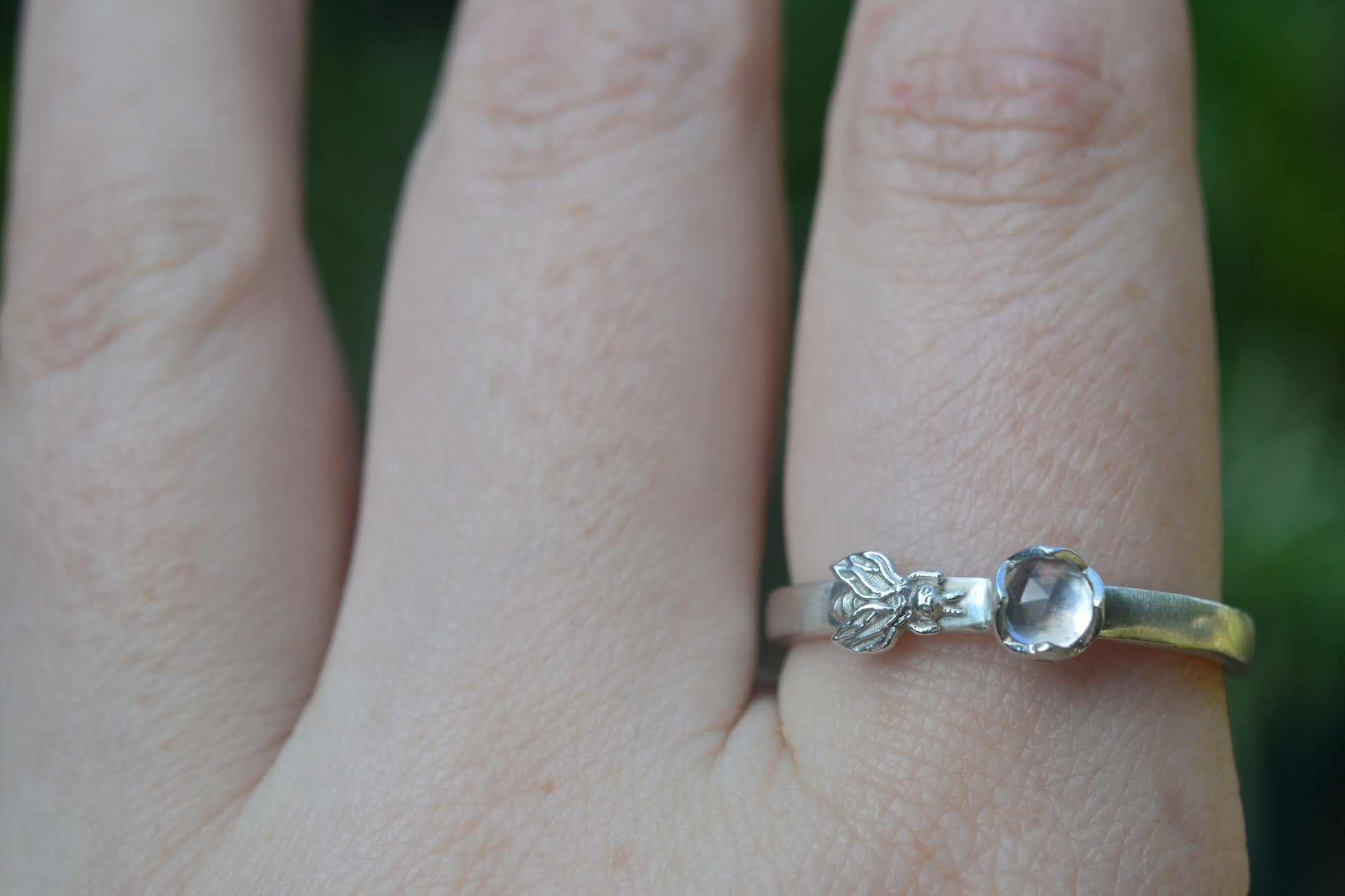 Rose Quartz & Bee Ring in Sterling Silver
