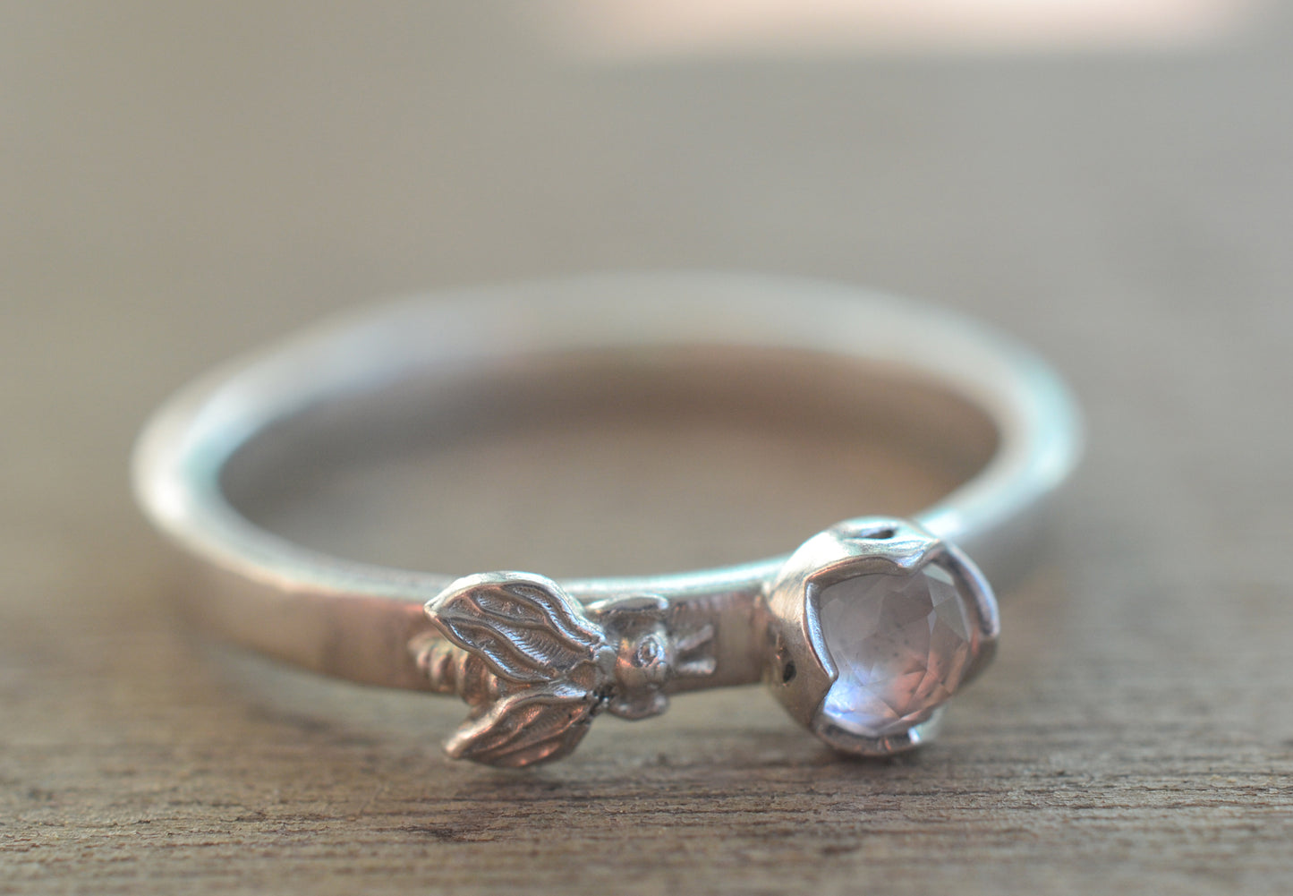 Rose Cut Pink Quartz Crystal & 925 Silver Bee Ring
