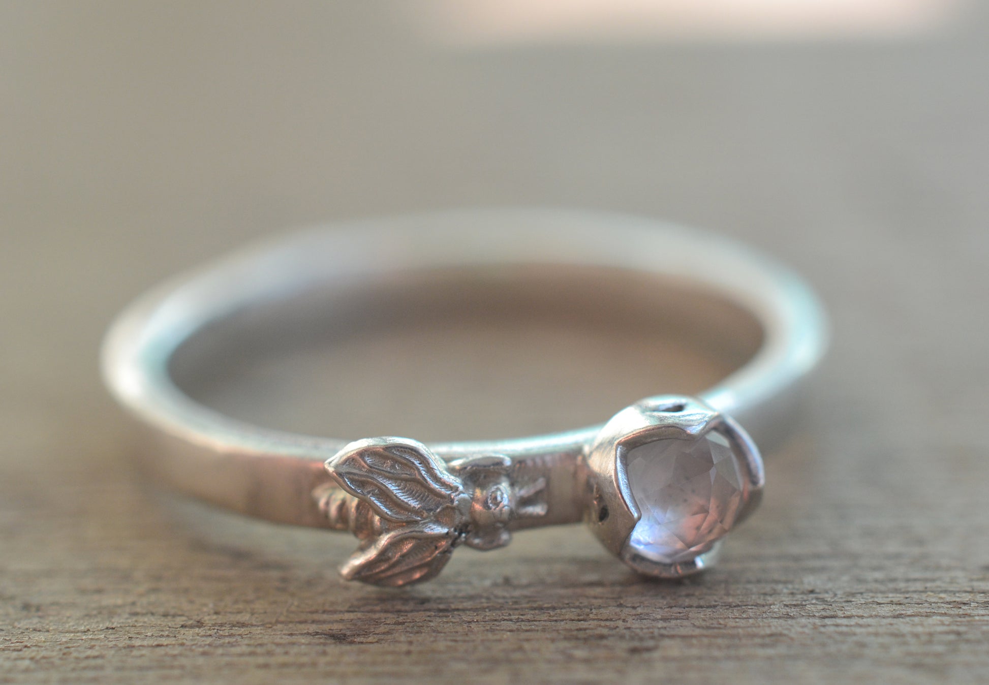 Rose Cut Pink Quartz Crystal & 925 Silver Bee Ring