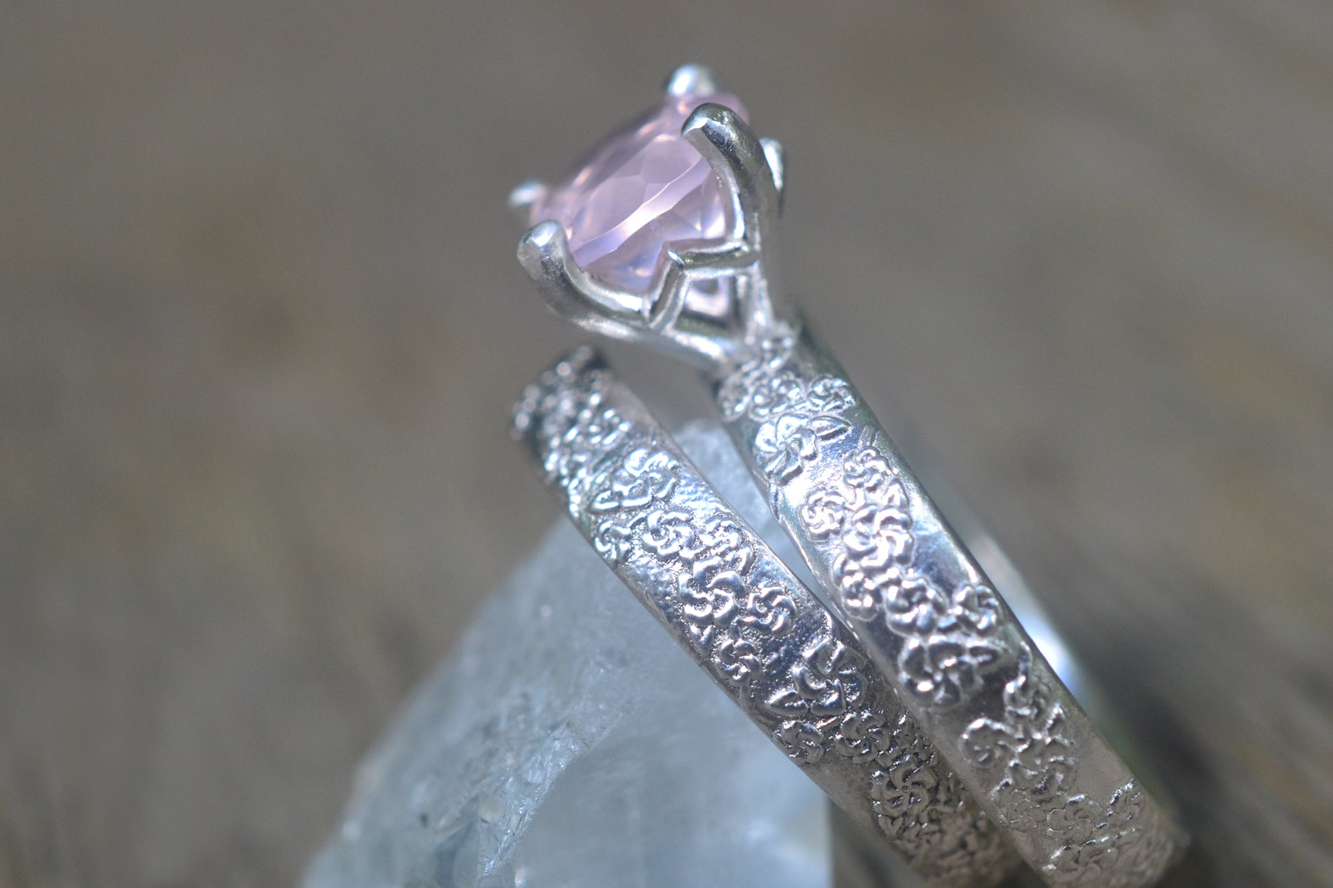 Cherry Blossom Wedding Band Set With Rose Quartz