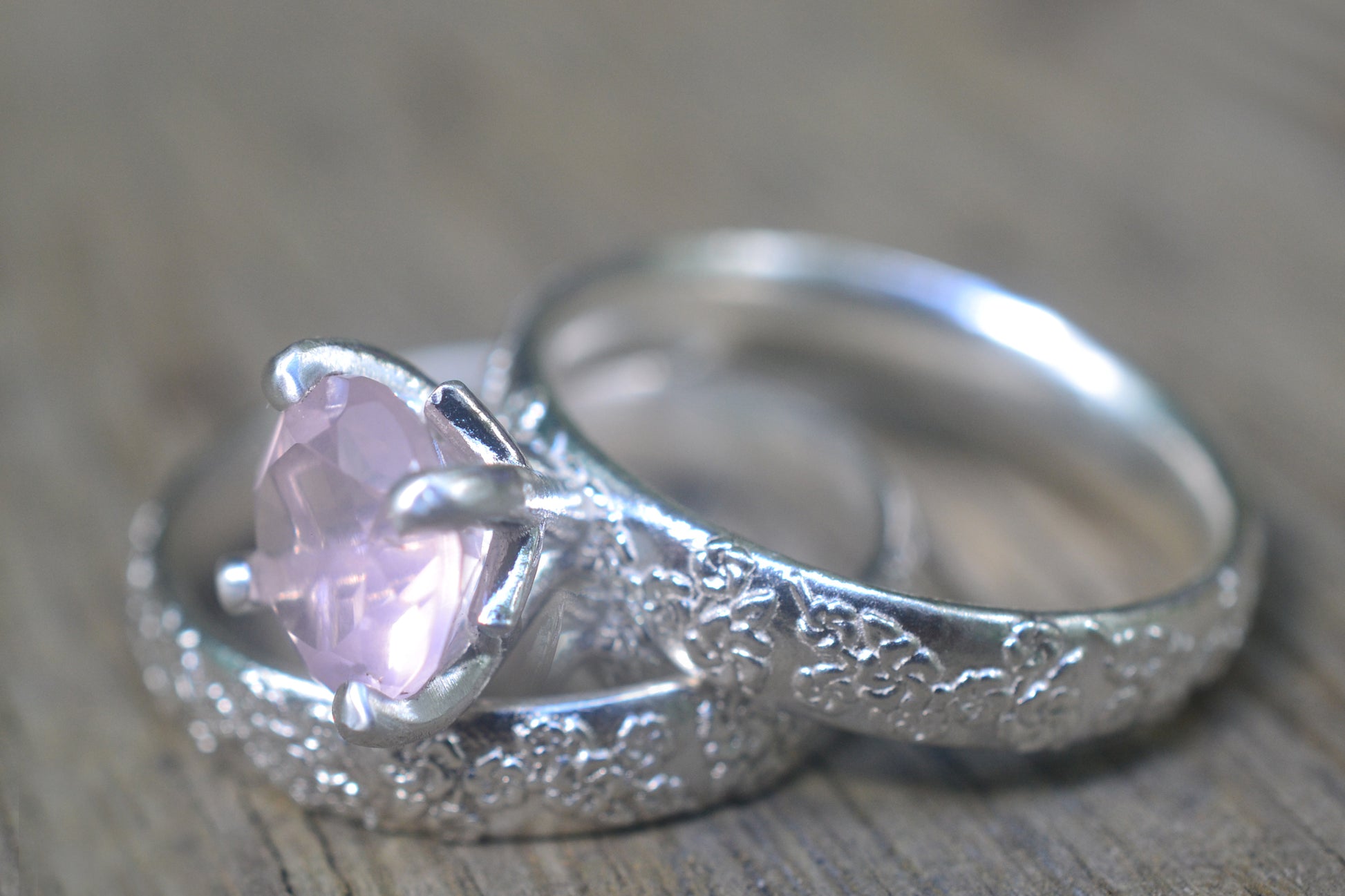 Rose Quartz Wedding Set With Cherry Blossom Design