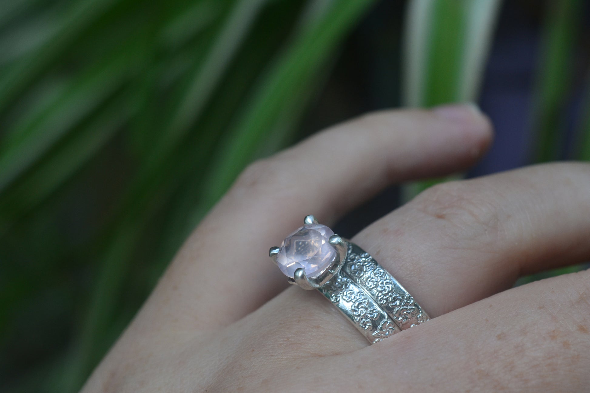 Cherry Blossom Wedding Set In Silver With Rose Quartz