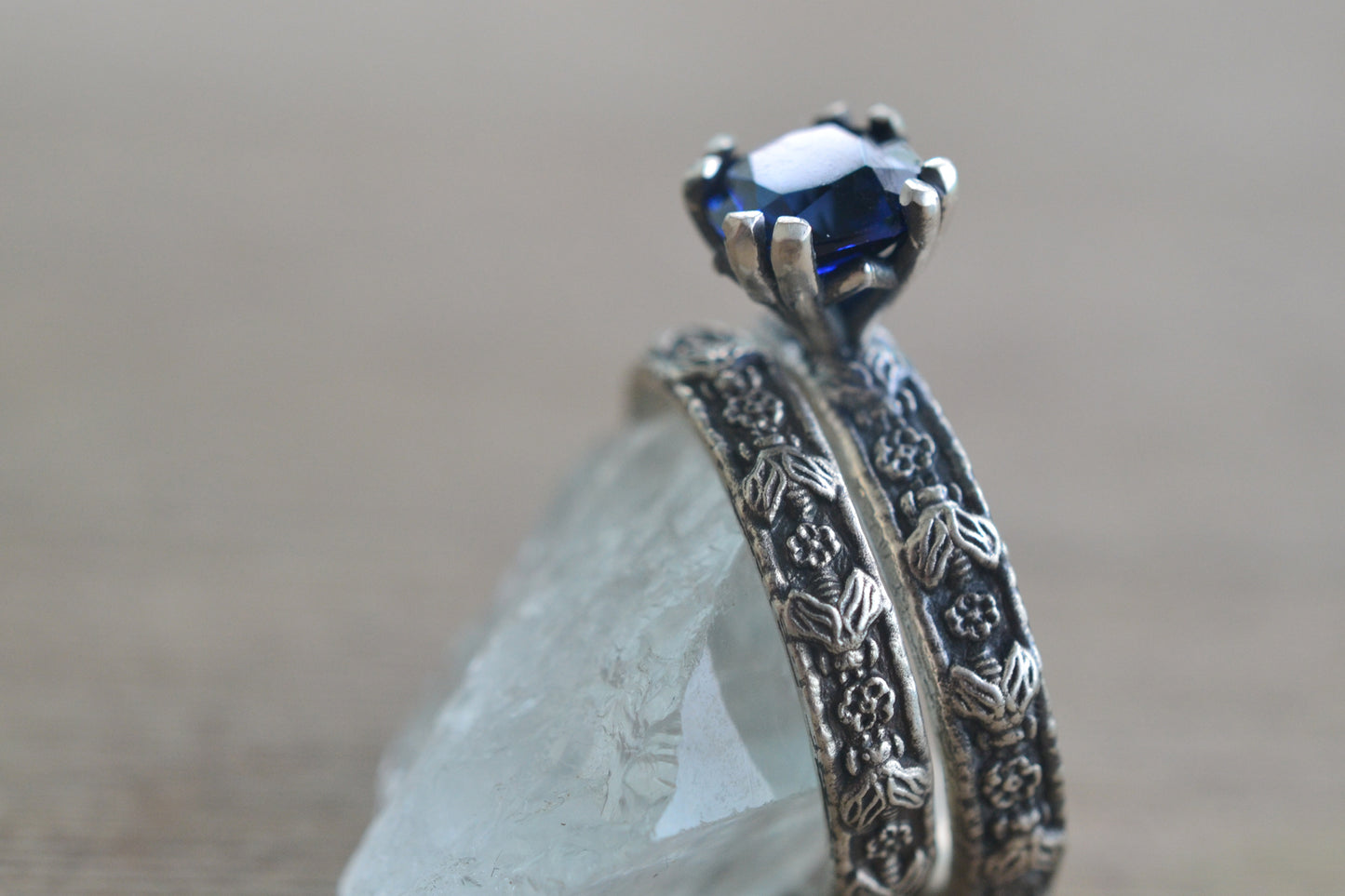 Cushion cut sapphire bridal set in silver