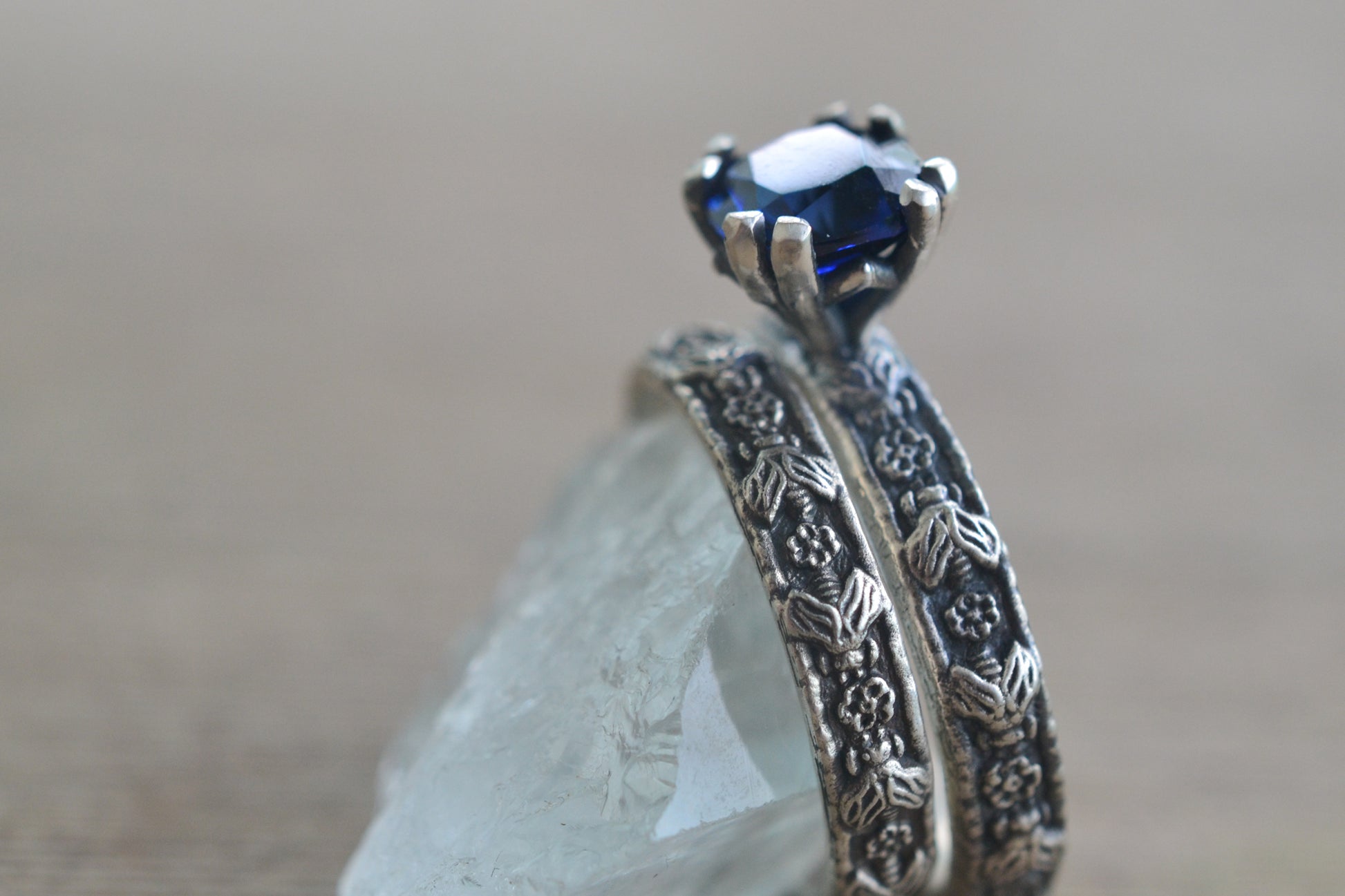 Cushion cut sapphire bridal set in silver