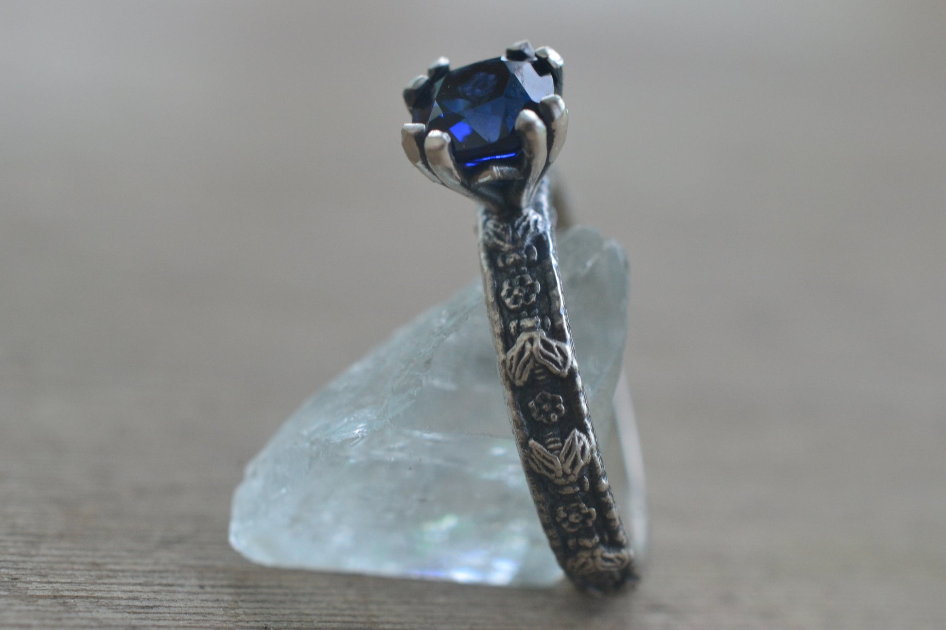 Rose & Bee Ring with Cushion Cut Sapphire