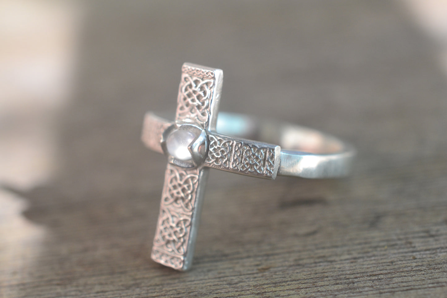 Natural Moonstone Silver Cross Ring