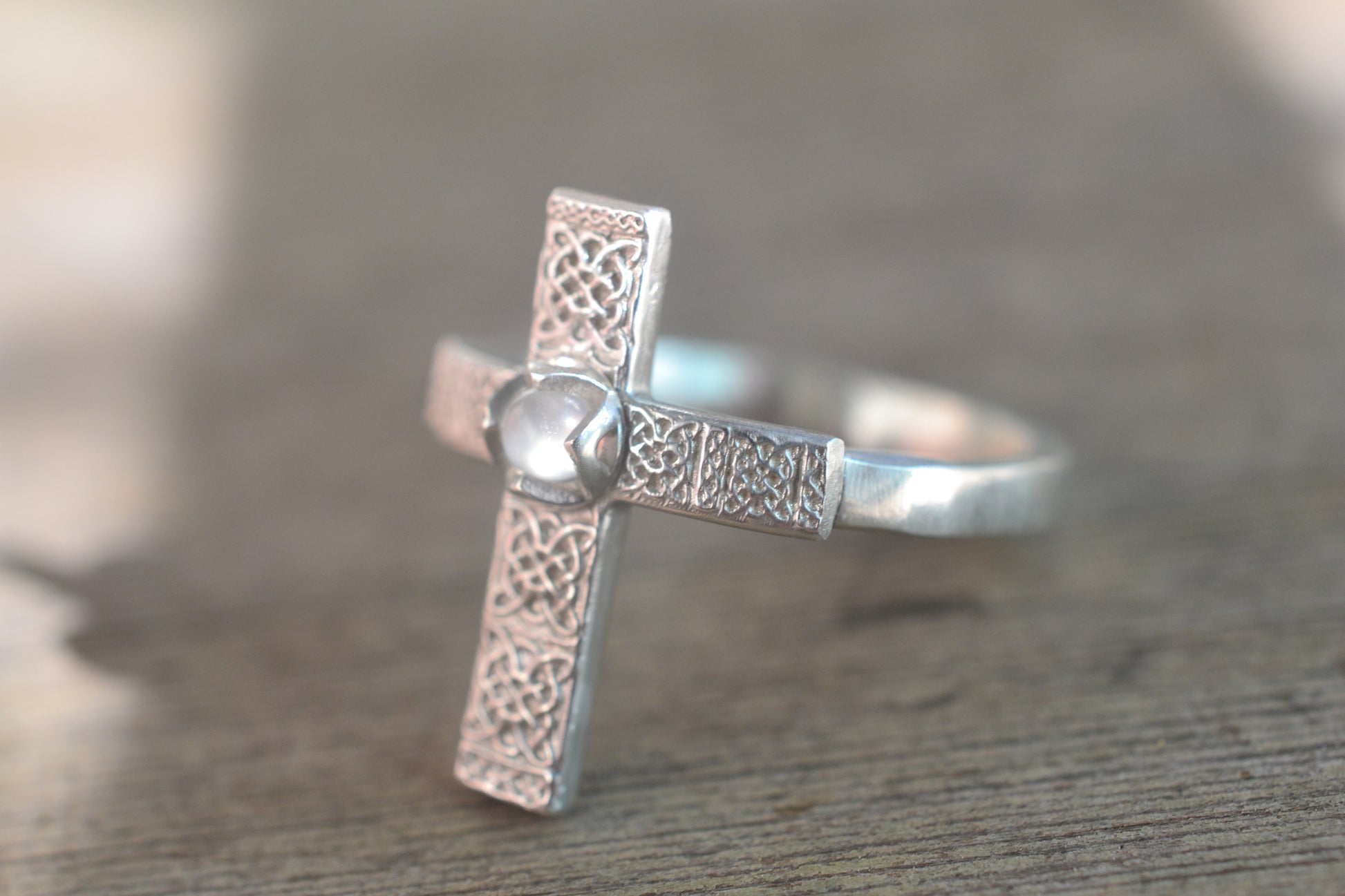 Natural Moonstone Silver Cross Ring