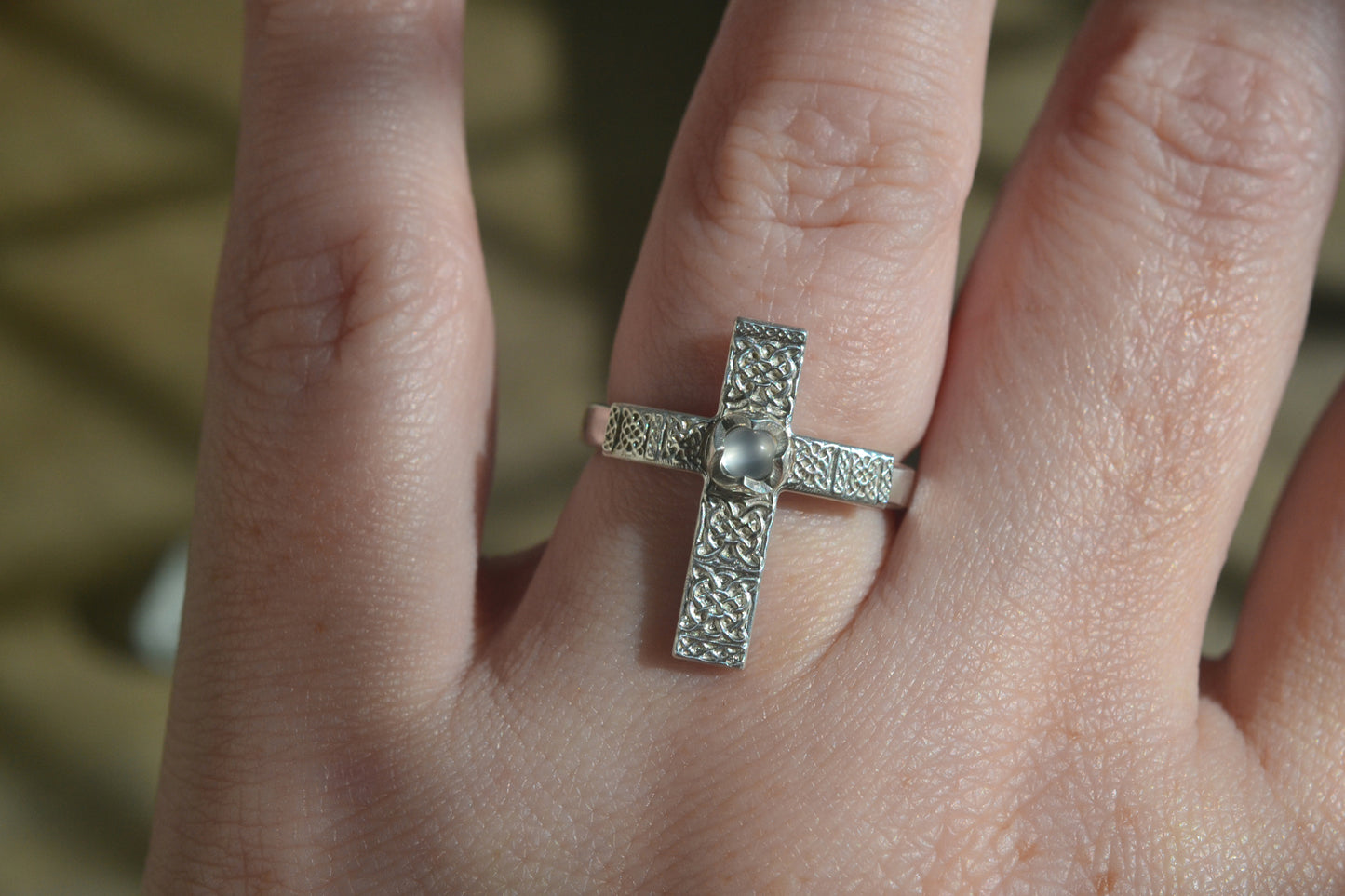 925 Silver Celtic Cross Ring With Moonstone