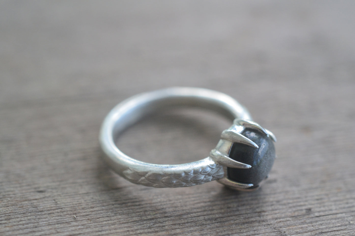 Silver Sheen Obsidian Ring With Dragon Scales