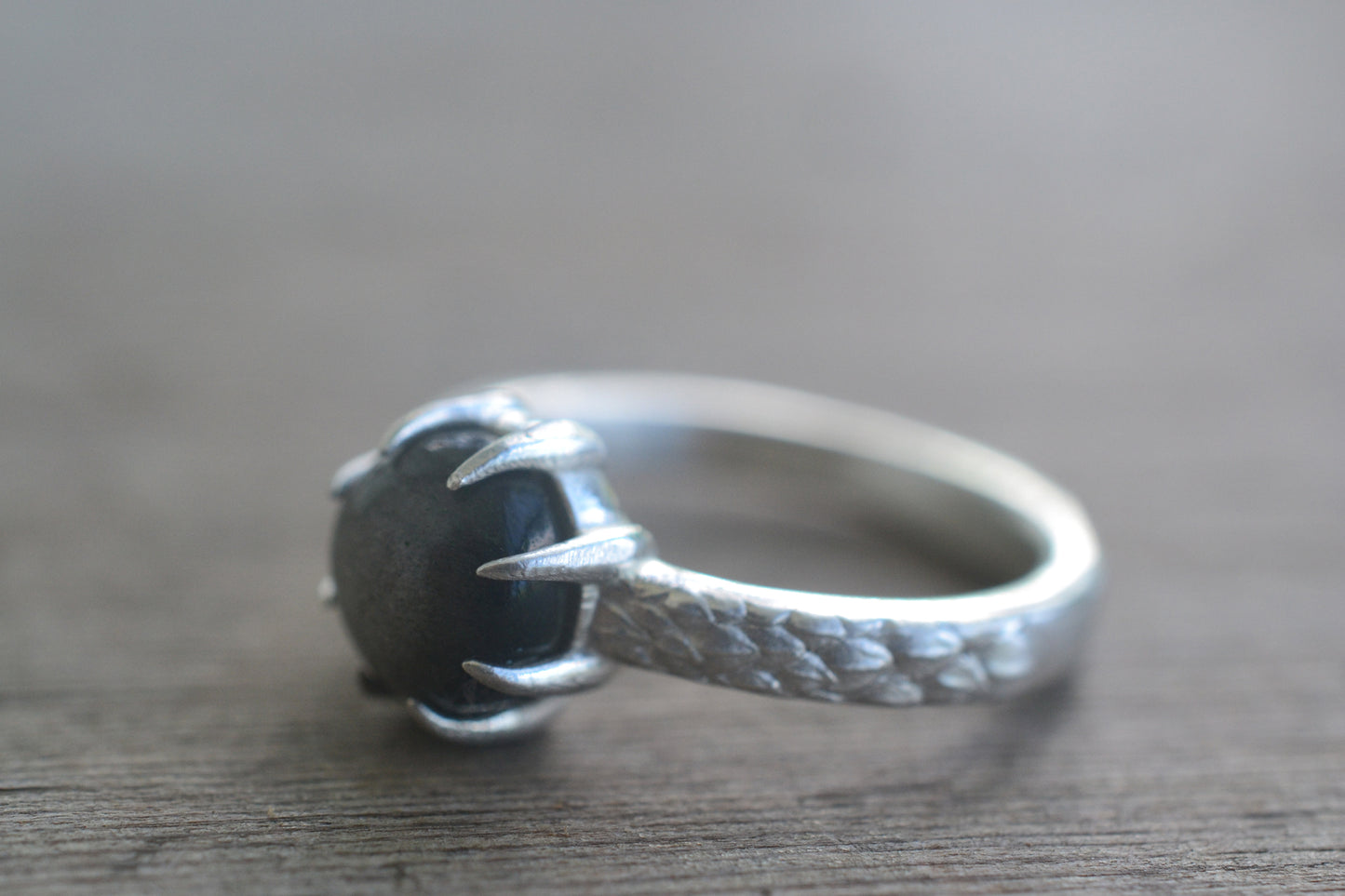 8mm Prong Set Obsidian Cabochon Ring in Silver