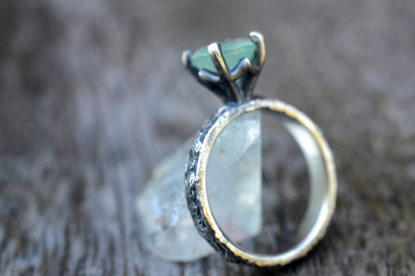 Faceted Prehnite Ring With Rose & Bee Design