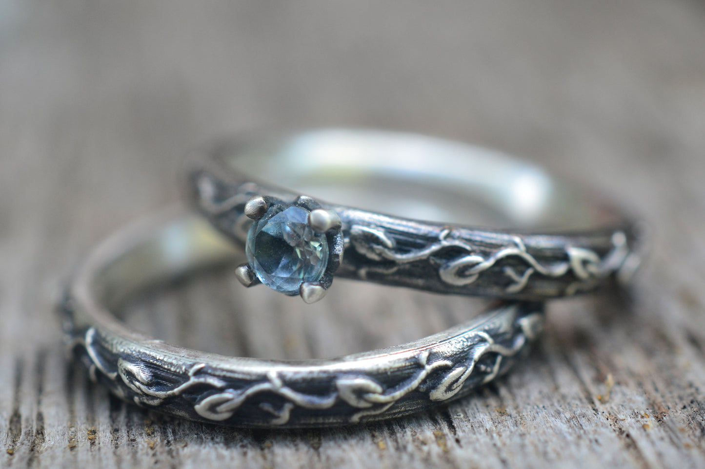 Oxidised Silver Vine Leaf Wedding Set WIth Blue Stone