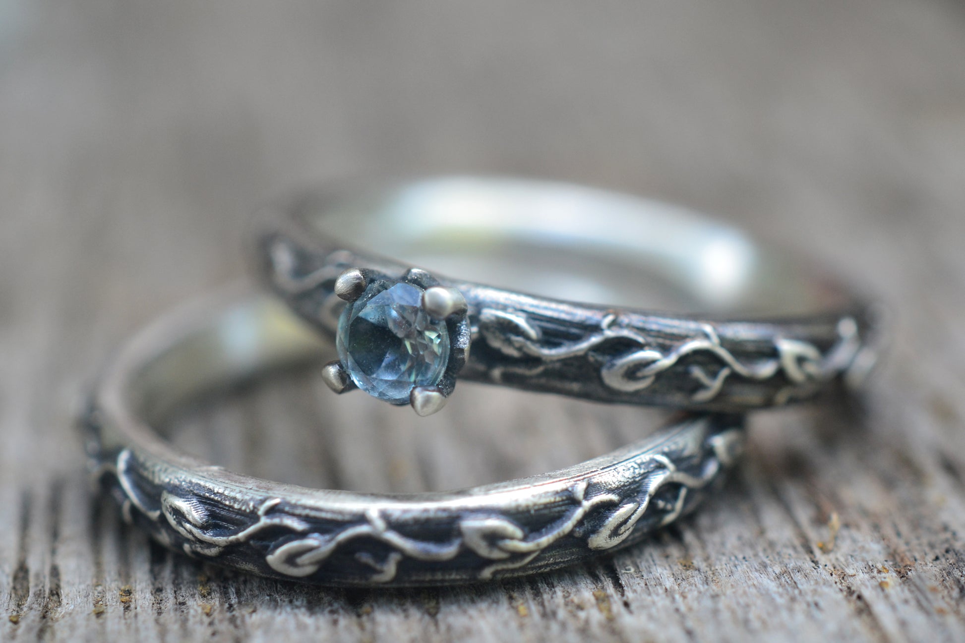 Oxidised Silver Vine Leaf Wedding Set WIth Blue Stone