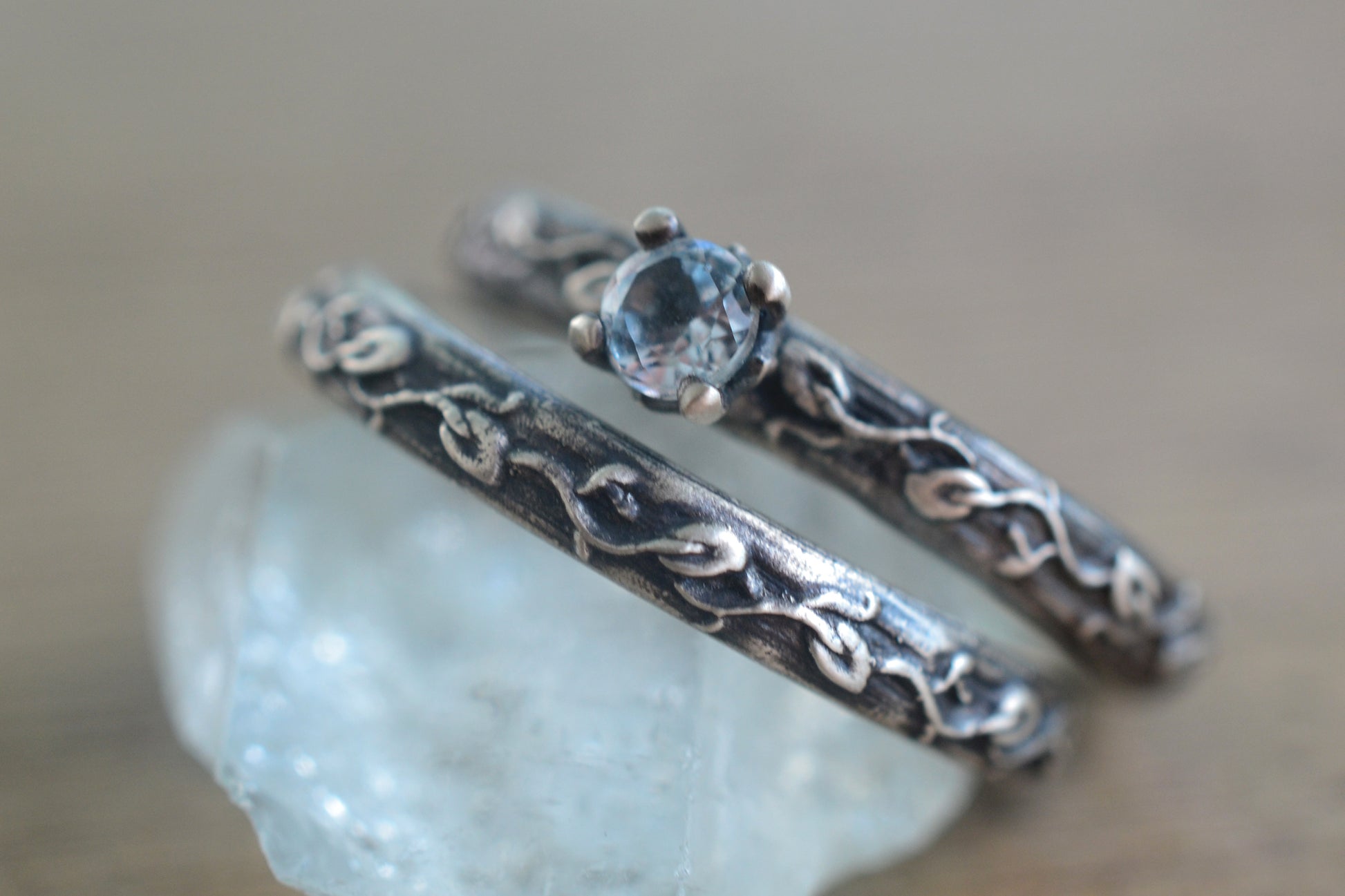 Blue Topaz Bridal Set With Vine Leaf Pattern