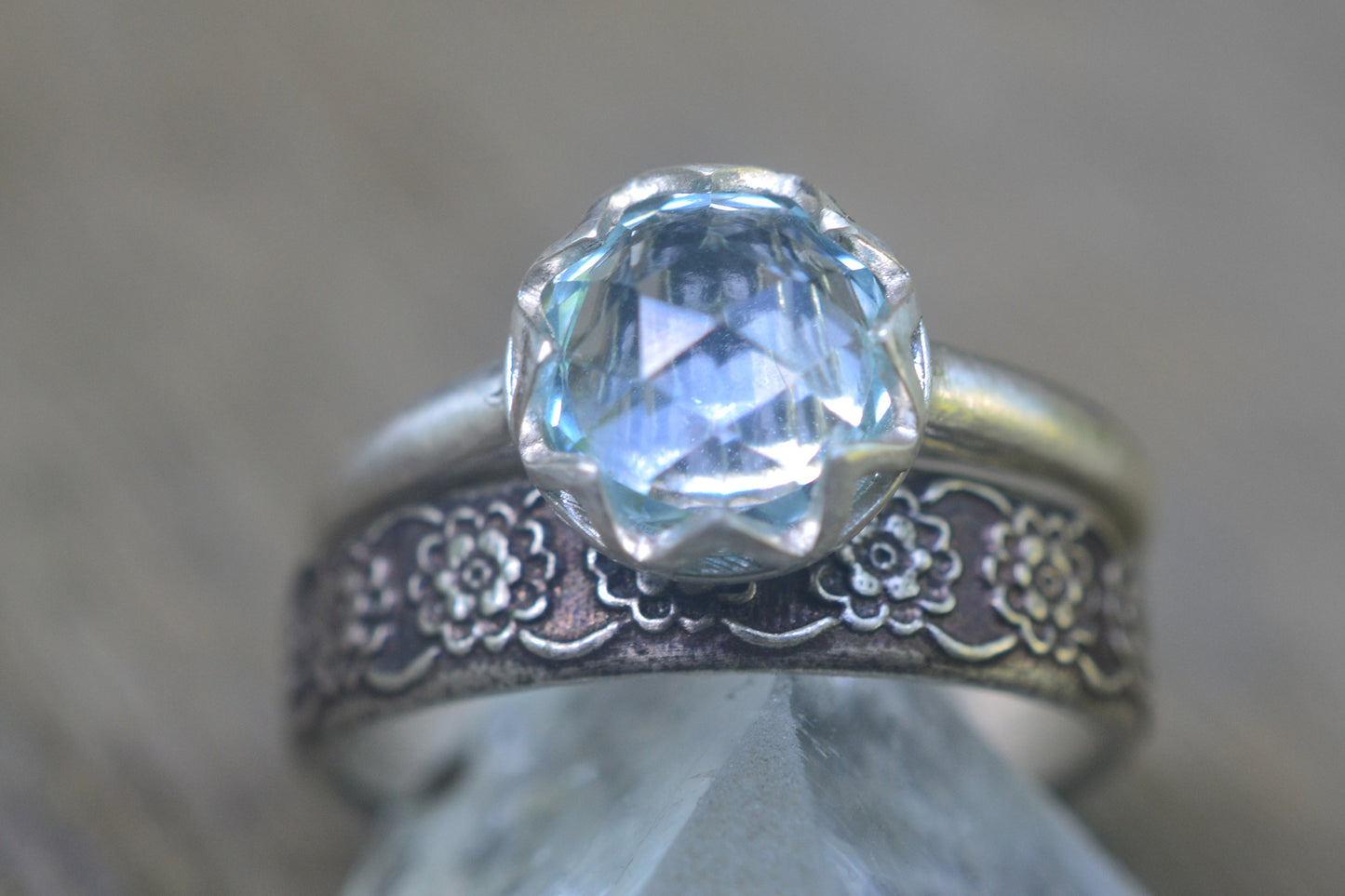 Blue Topaz Bridal Set With Wildflower Wedding Band