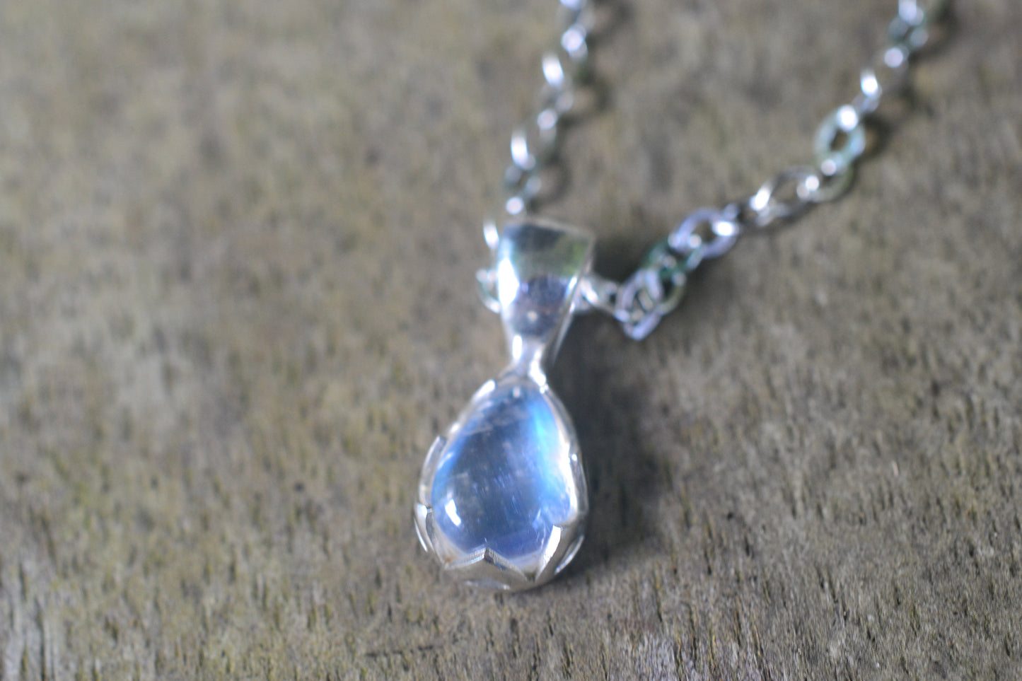 Tiny rainbow moonstone teardrop necklace in silver