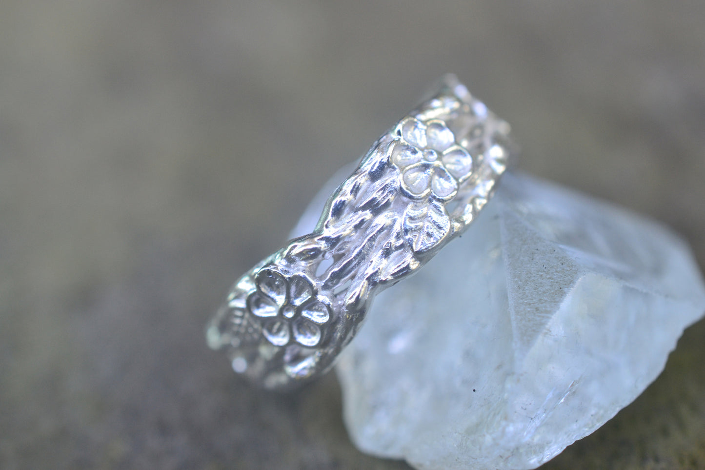 Carved Silver Rose and Leaf Twig Band
