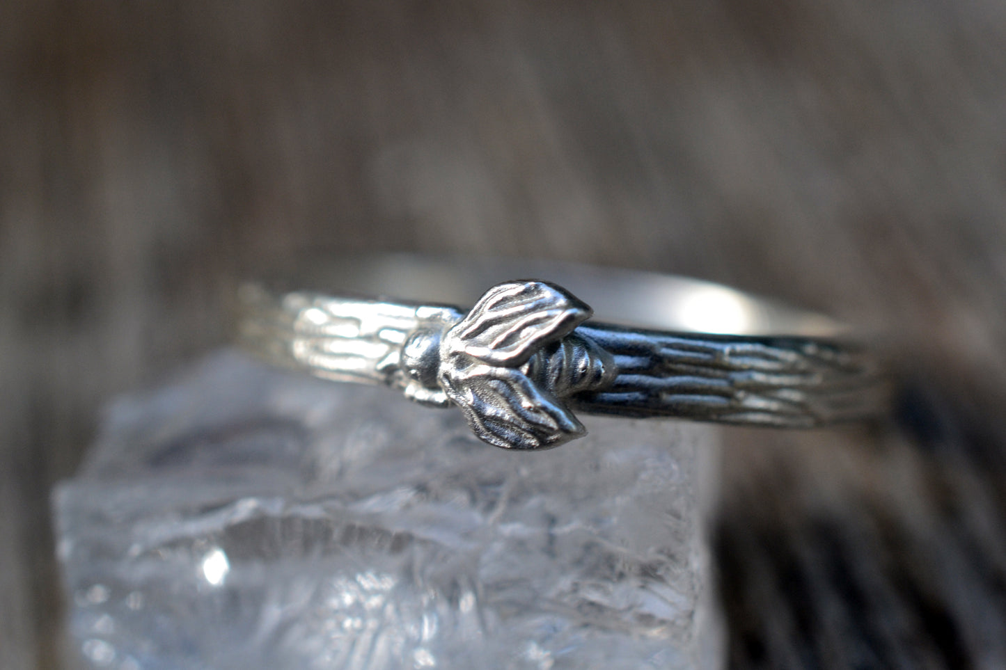 Sterling Silver Honeybee Ring With Tree Bark Band