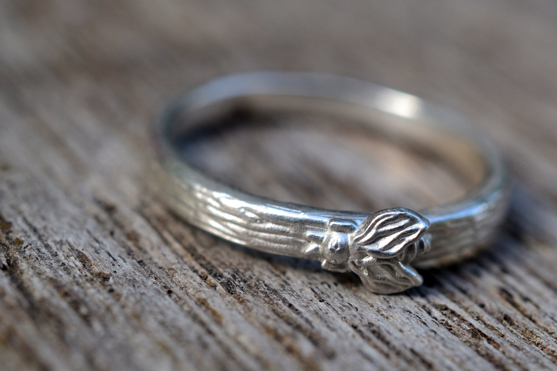 Textured Sterling Silver Ring With Bee Charm
