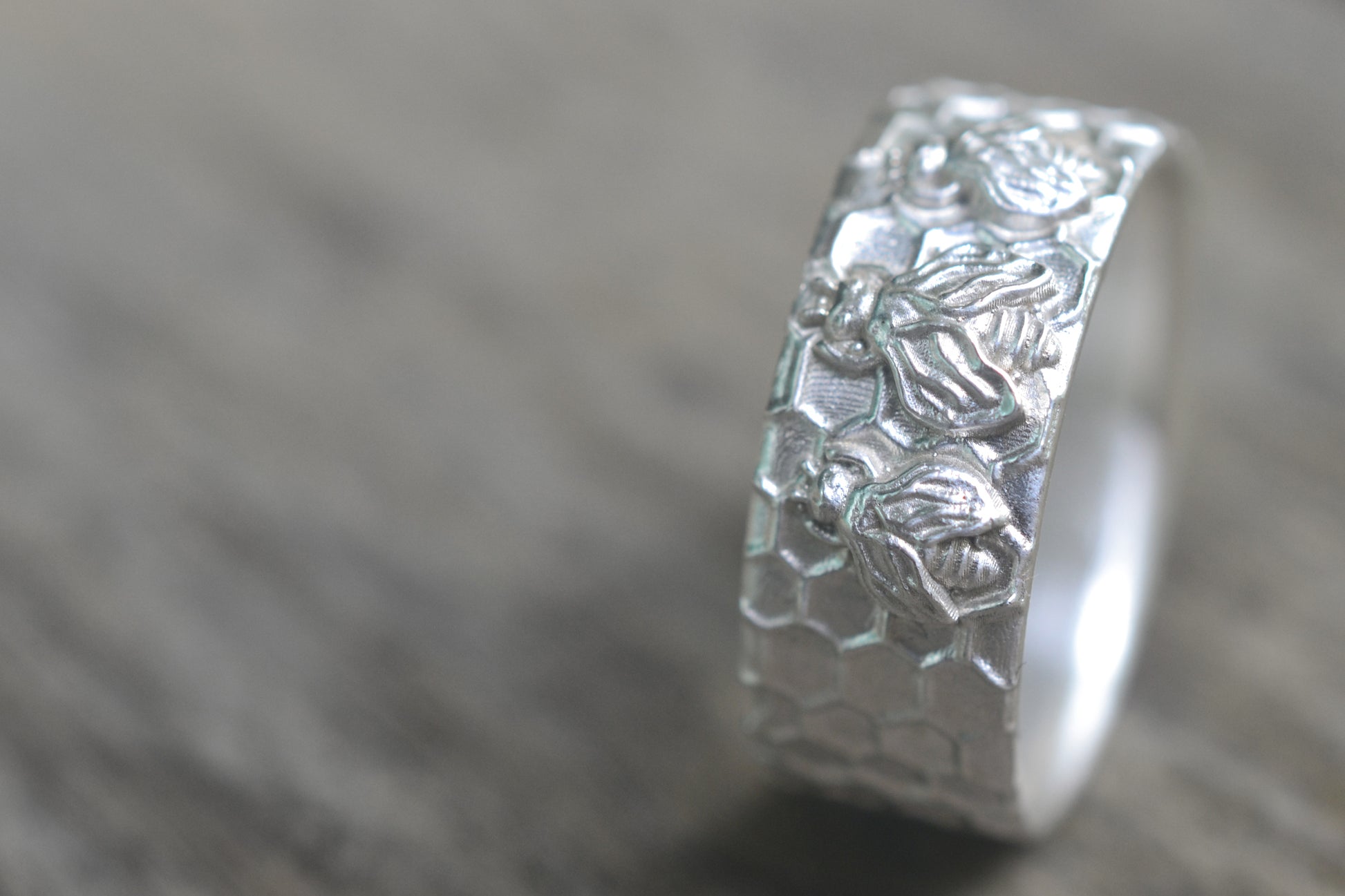 Honeycomb Wedding Band With Bee Design